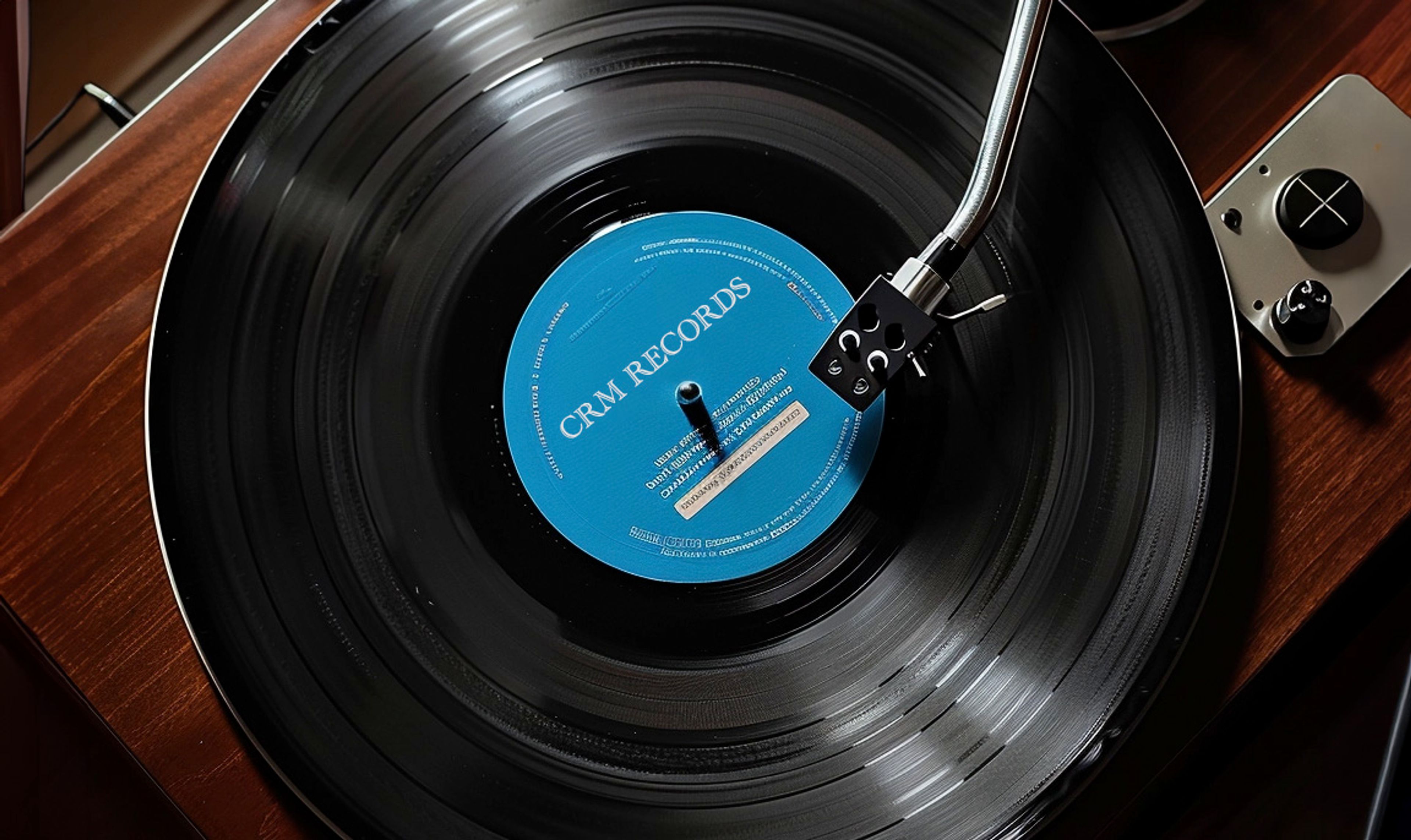 A record on a turntable with the label reading "CRM Records"