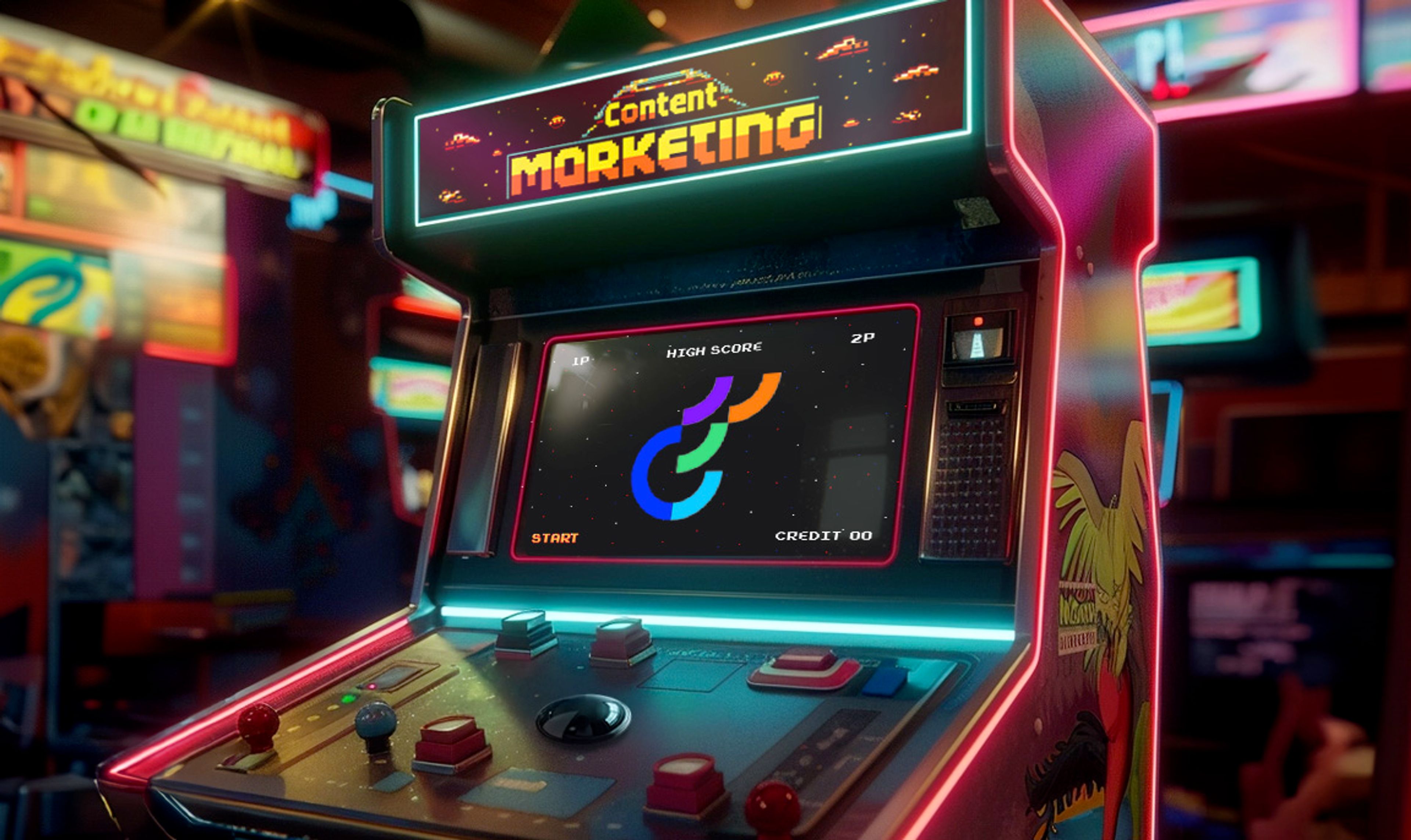 Arcade game with the title "Content Marketing" at the top and the Optimizely logo on the main screen. In the background, an arcade bathed in neon lights.