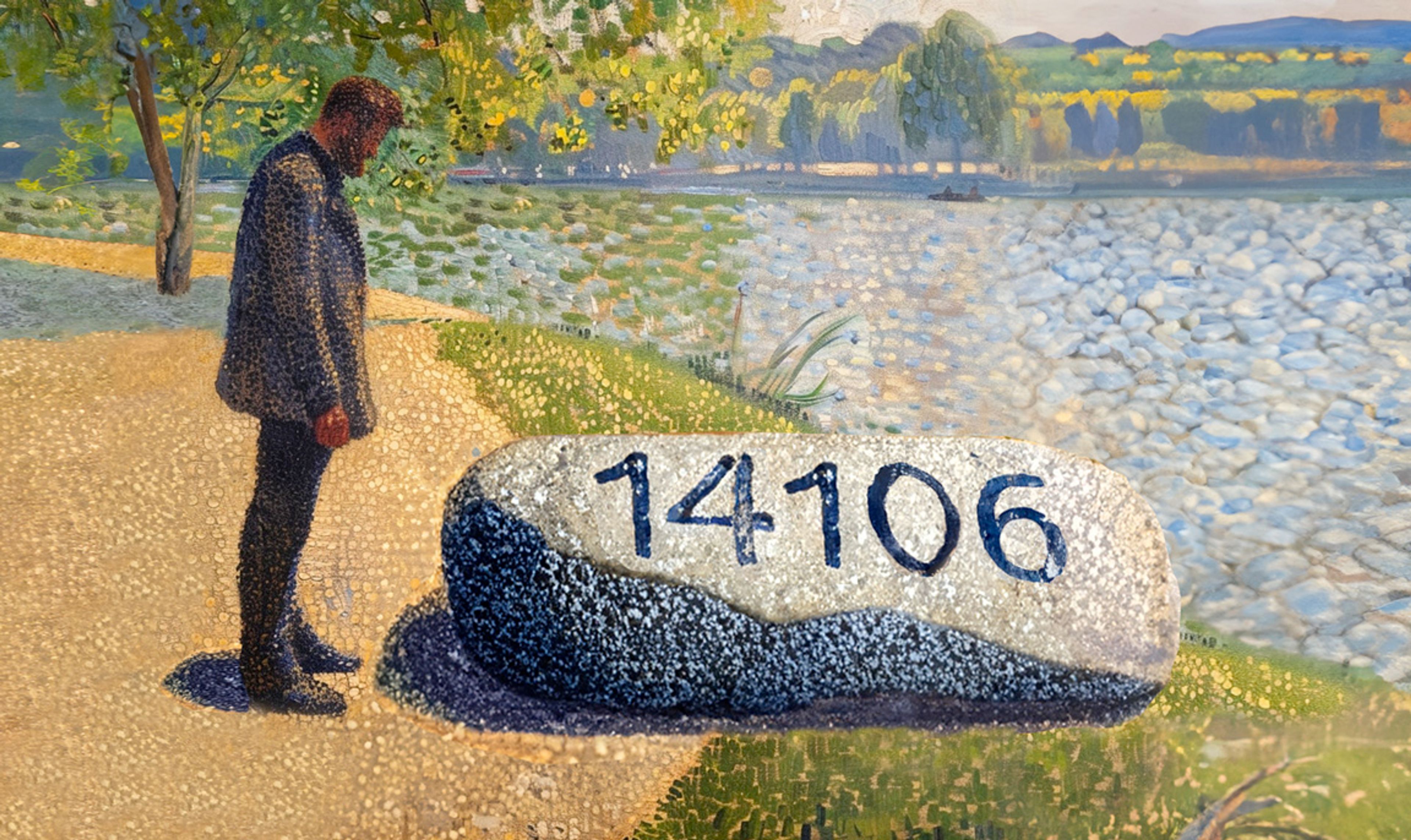 Pointillist painting of a man looking at a rock with the number 14,106 on it near a lack on a sunny day.