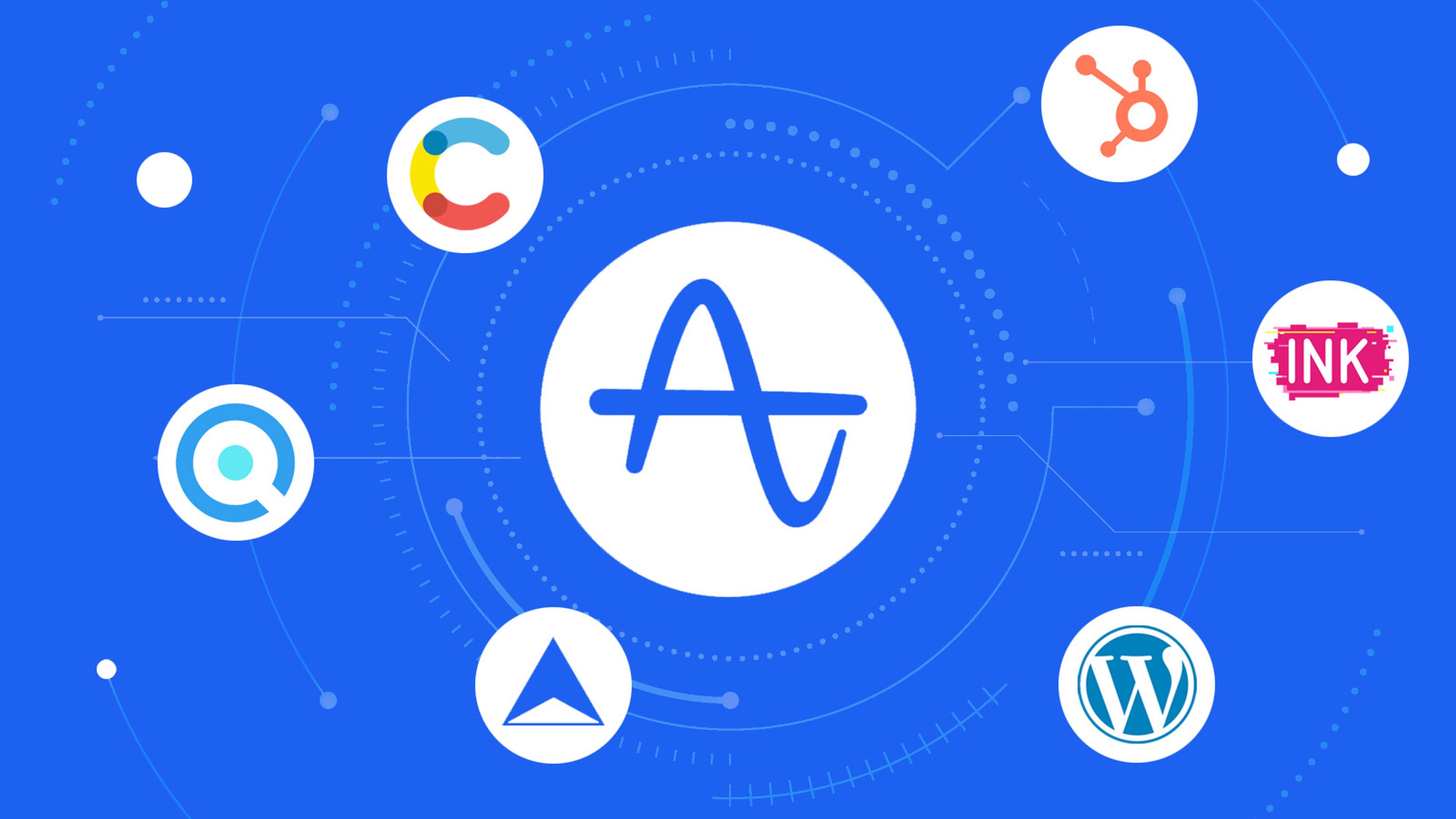 Amplitude logo surrounded by logos of Contentful, HubSpot, unitQ, Humanic.ai, WordPress, and Movable Ink