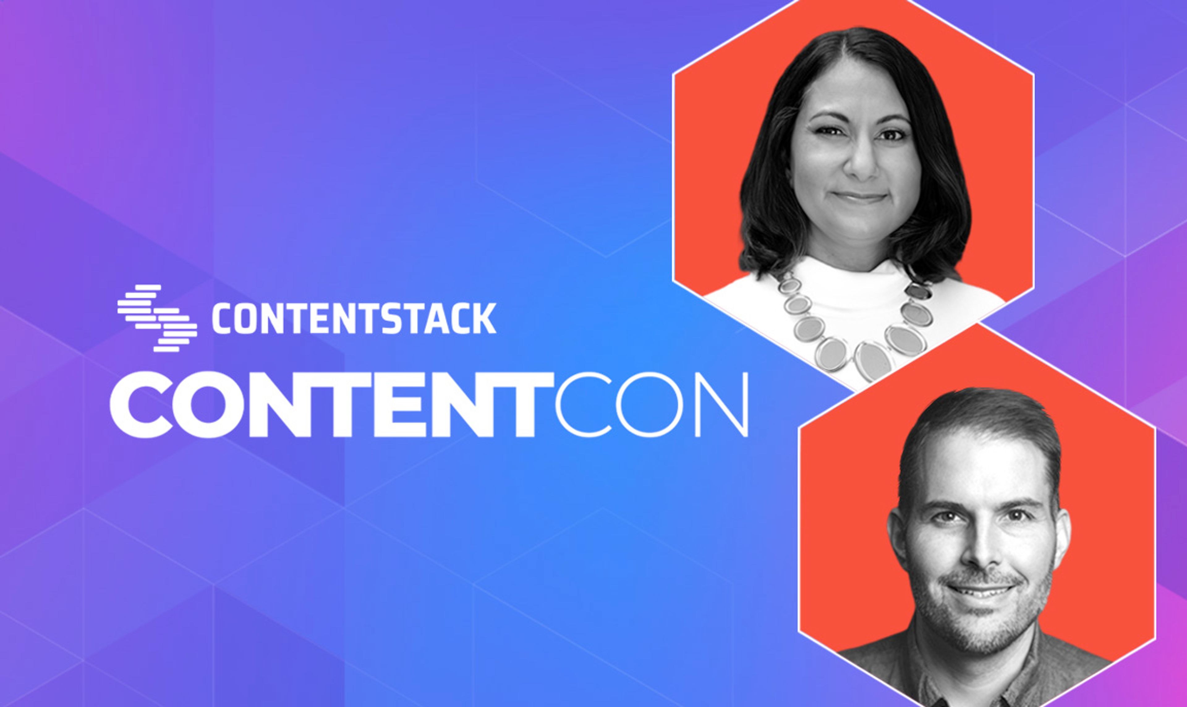 Contentstack logo and ContentCon event title text with headshots of CEO Neha Sampat and VP of Product Conor Egan