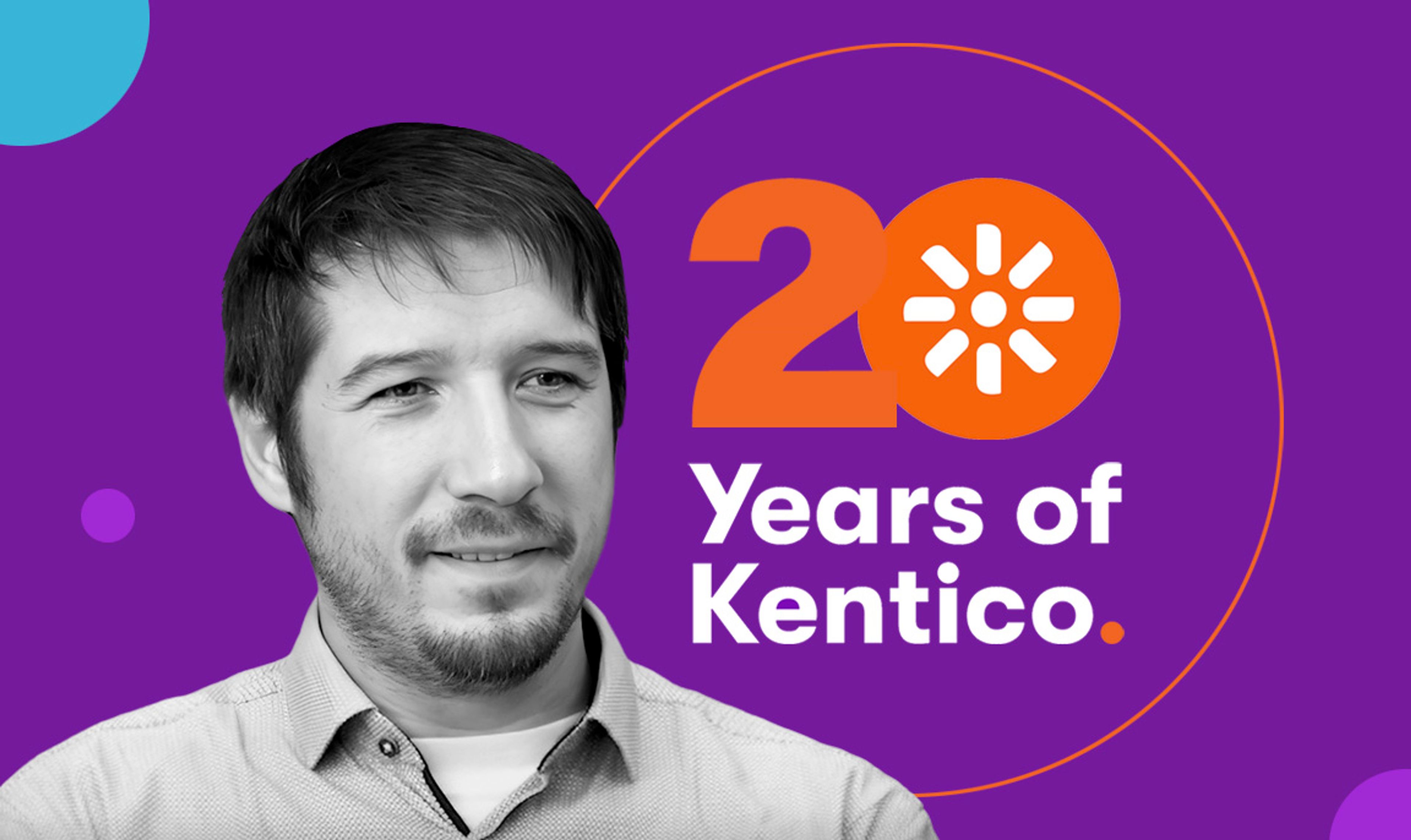 Headshot of Kentico CEO Dominik Pinter with text that reads "20 Years of Kentico"