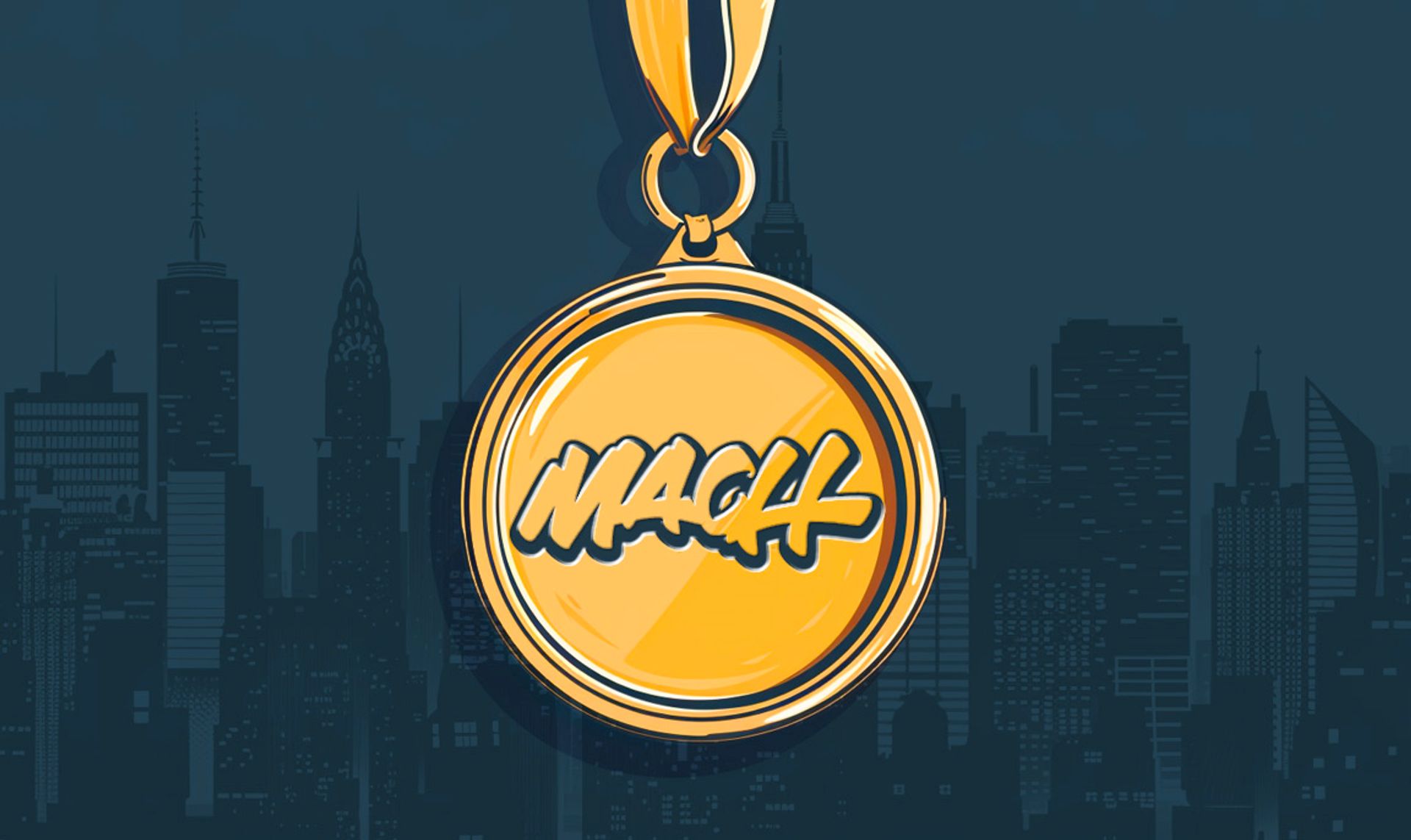 A graphical image of a medal with the word "MACH" embossed on it, and a city skyline faintly in the background.