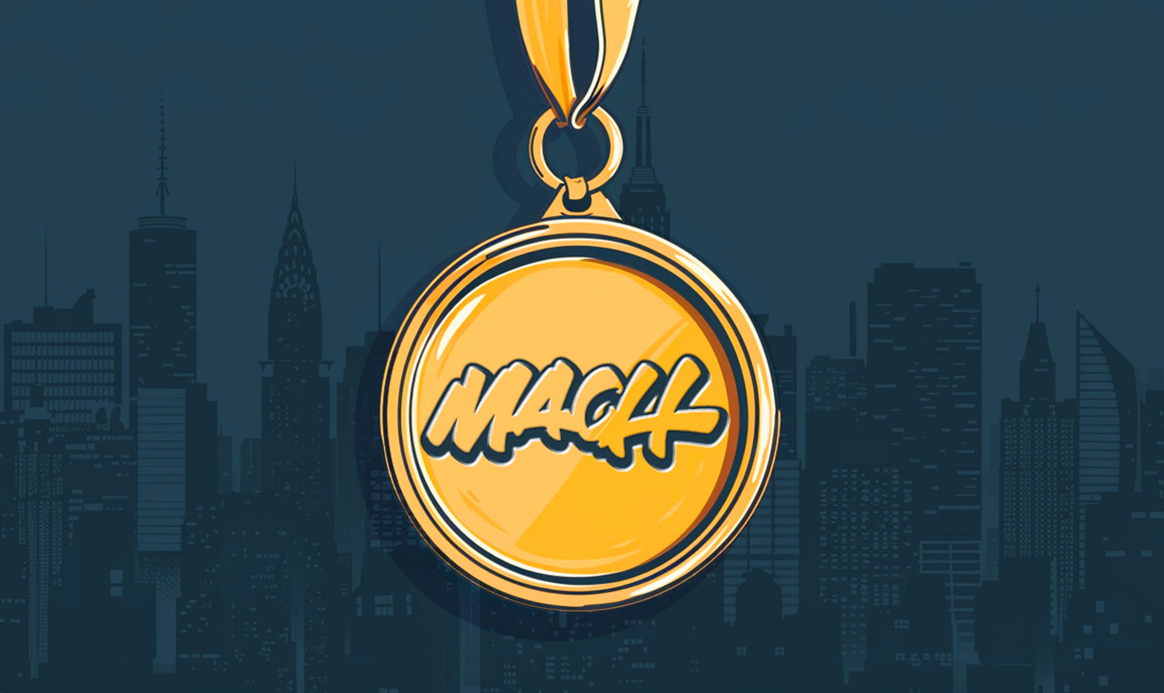 A graphical image of a medal with the word "MACH" embossed on it, and a city skyline faintly in the background.