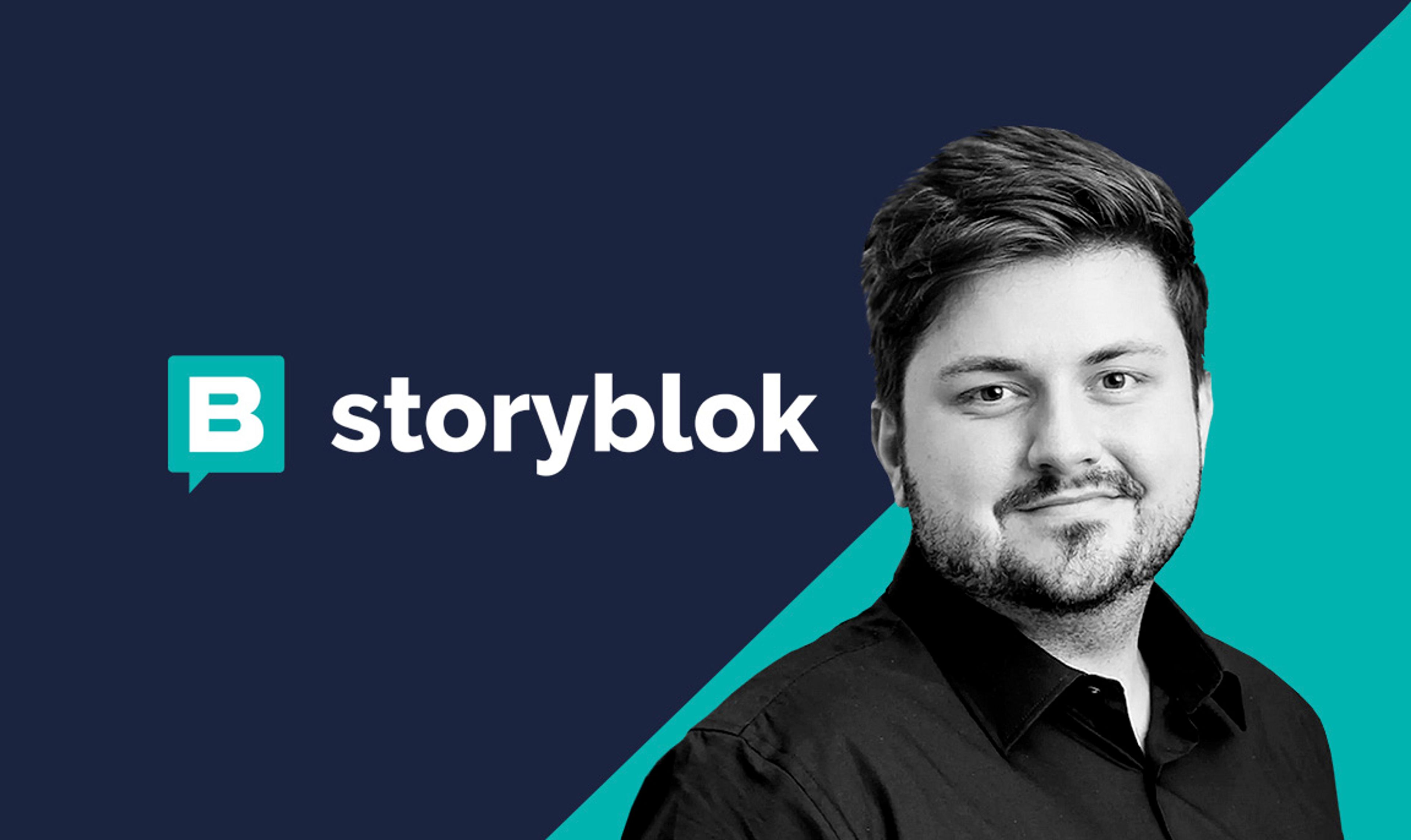 Storyblok logo and headshot of Dominik Angerer, CEO