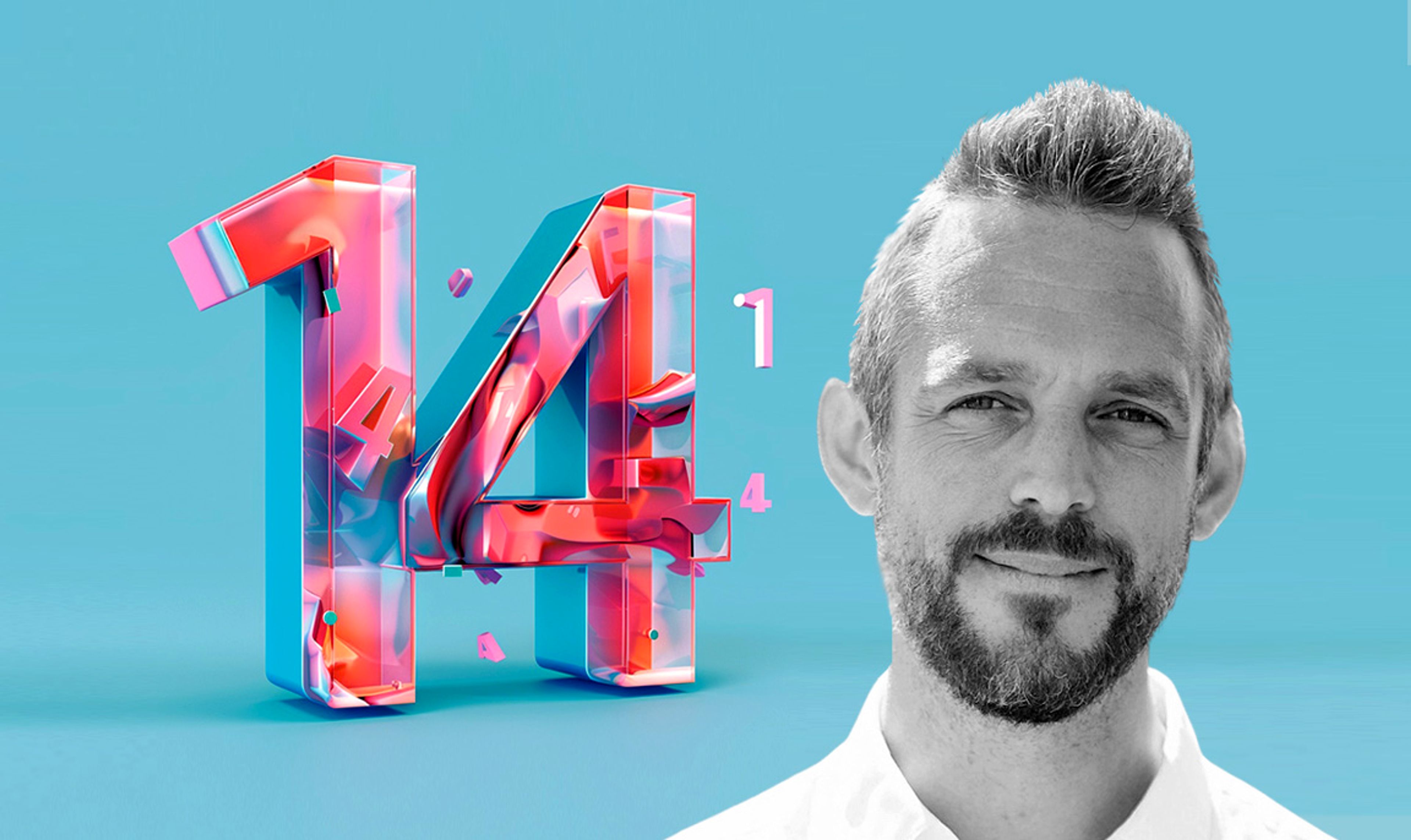 Graphical image of the number "14" next to a headshot of Filip, CTO of Umbraco