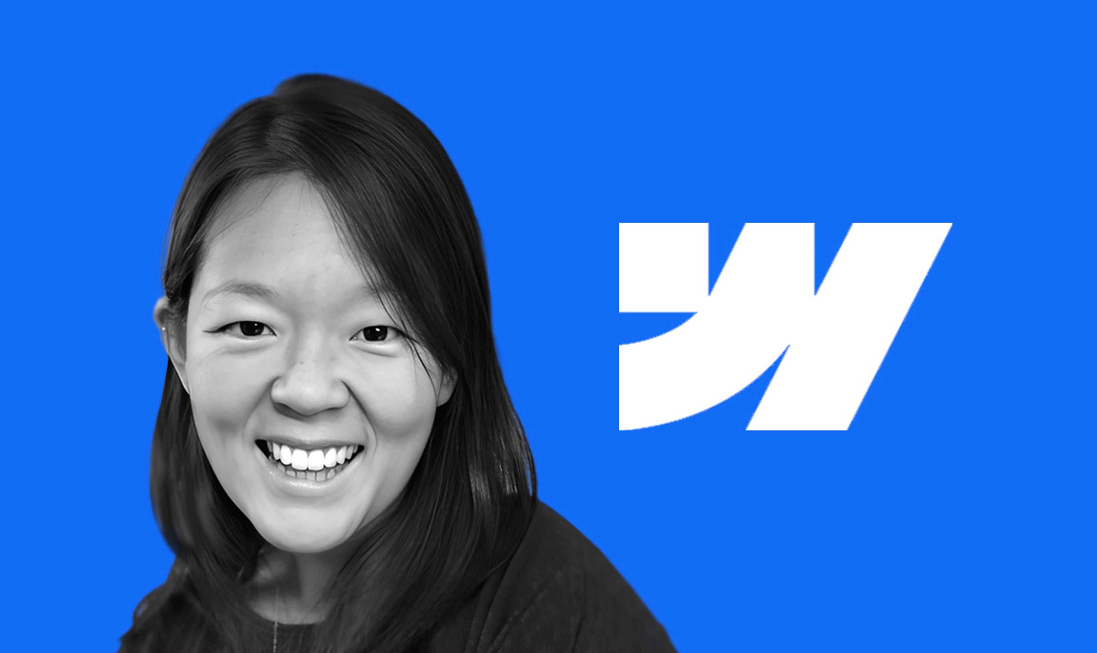 Headshot of Linda Tong, new CEO of Webflow, with the Webflow logo icon in white.