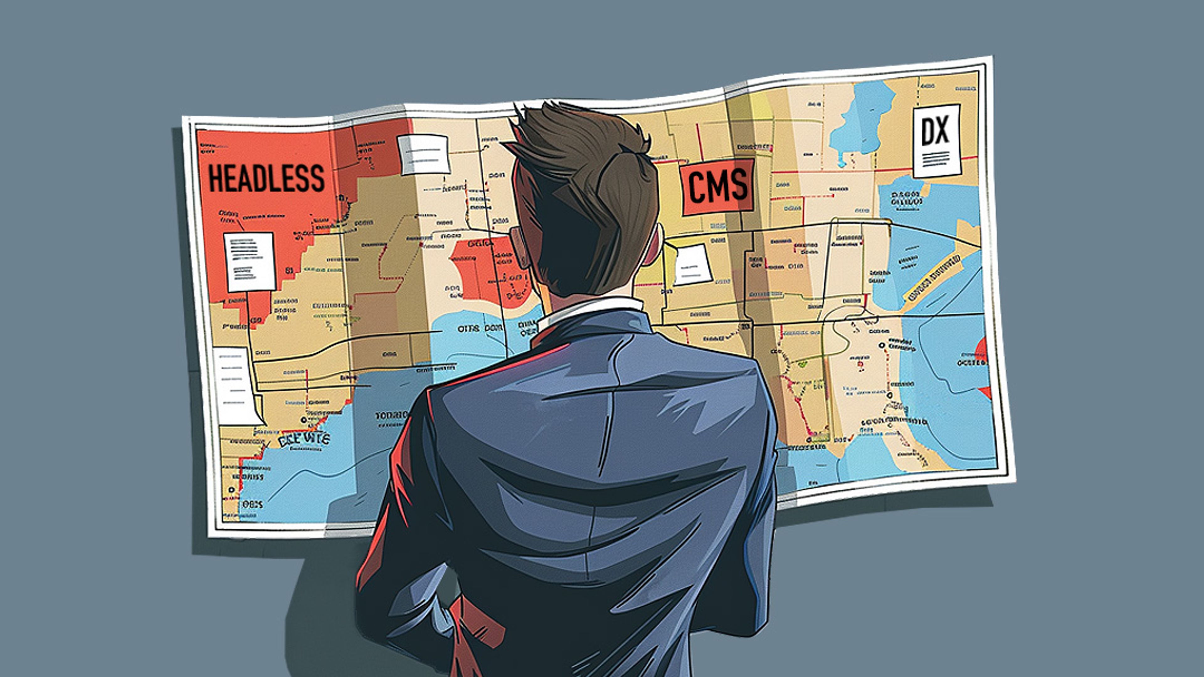 Graphical image of a man standing in front of a map on a wall with the words "CMS," HEADLESS," and "DX" on the map