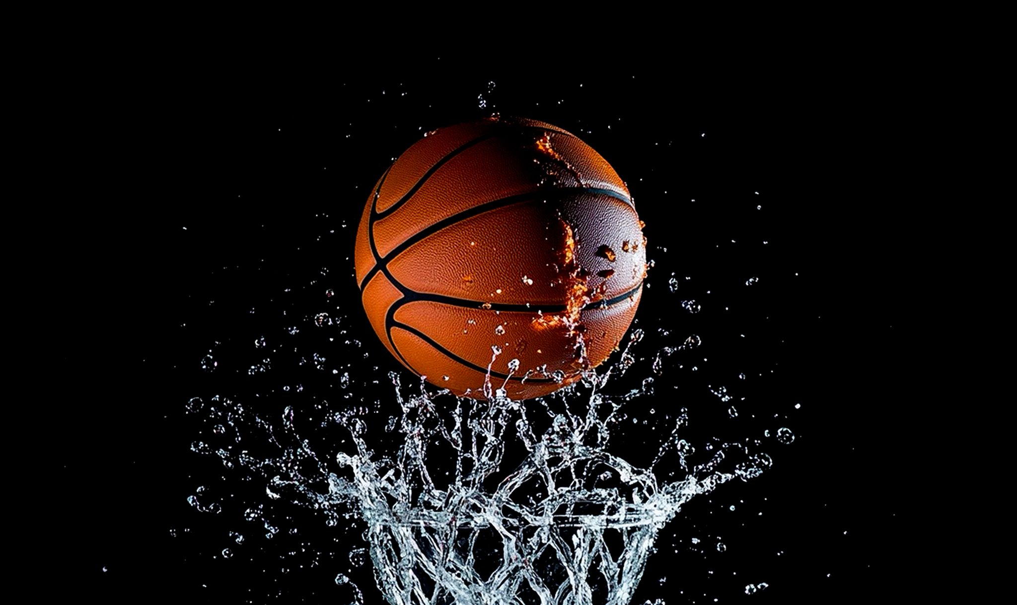 A basketball being dunked into a liquid net