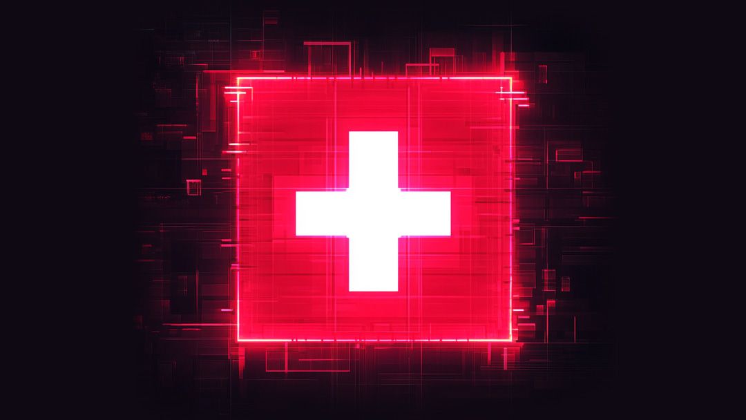 Swiss flag as a digital image against a red square with circuitry coming out of it.