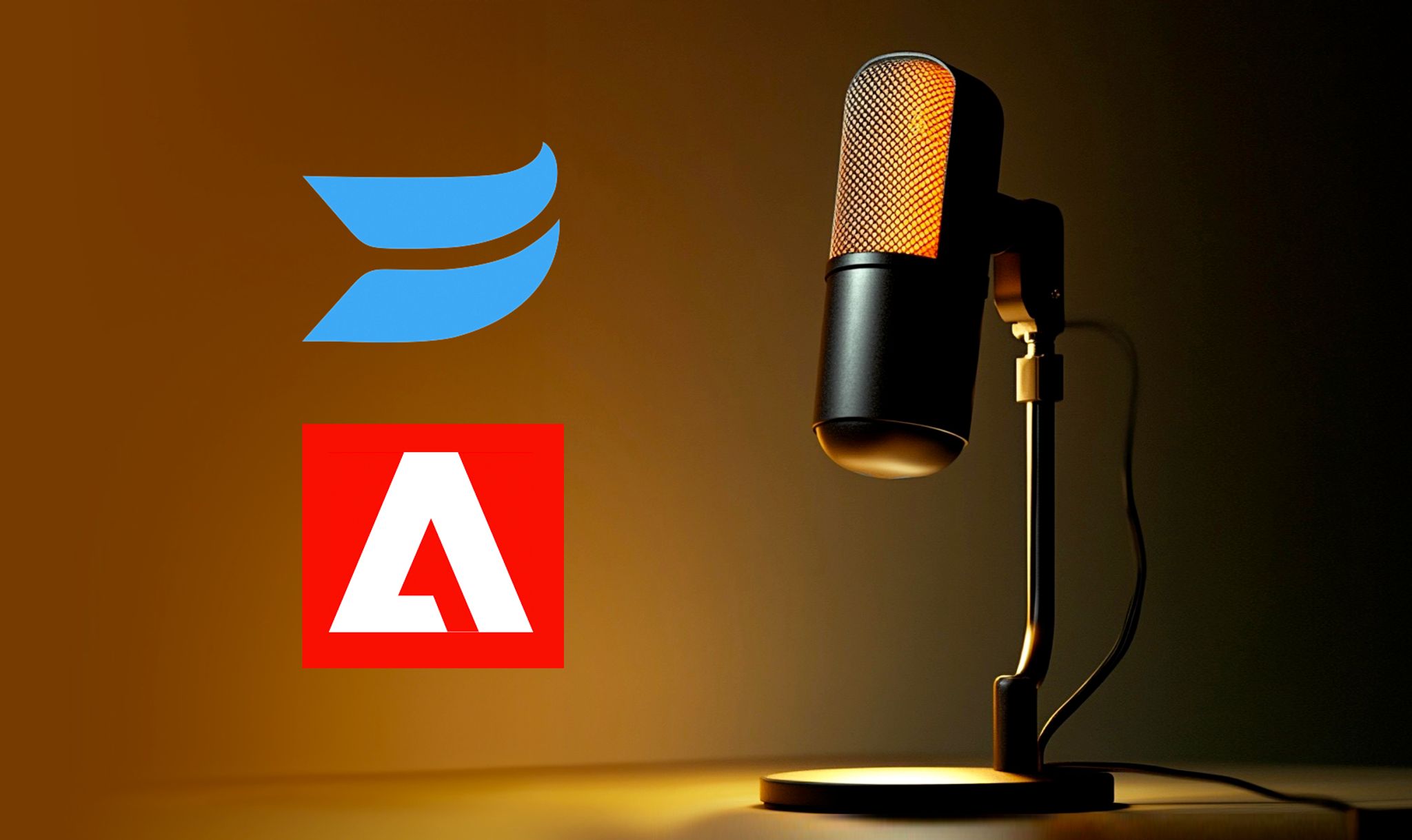 Wistia logo and Adobe logo with an image of a podcasting microphone