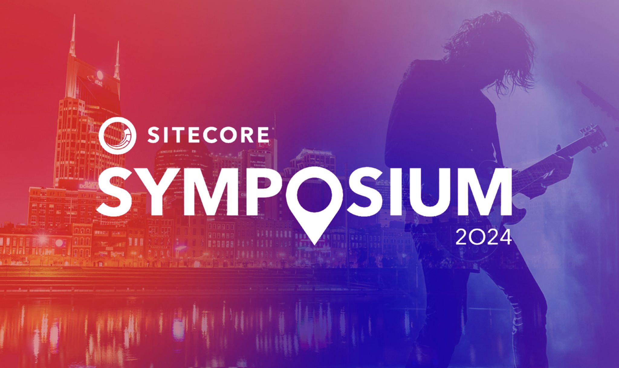 Sitecore Symposium 2024 logo against a background with the Nashville skyline and a guitar player.