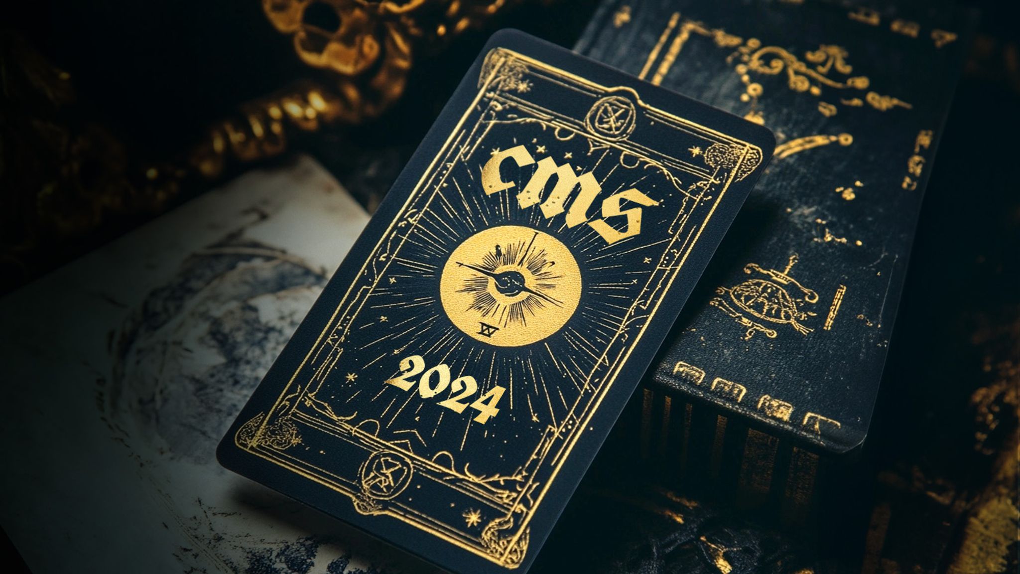 A Tarot card with the text "CMS" and "2024" on the face