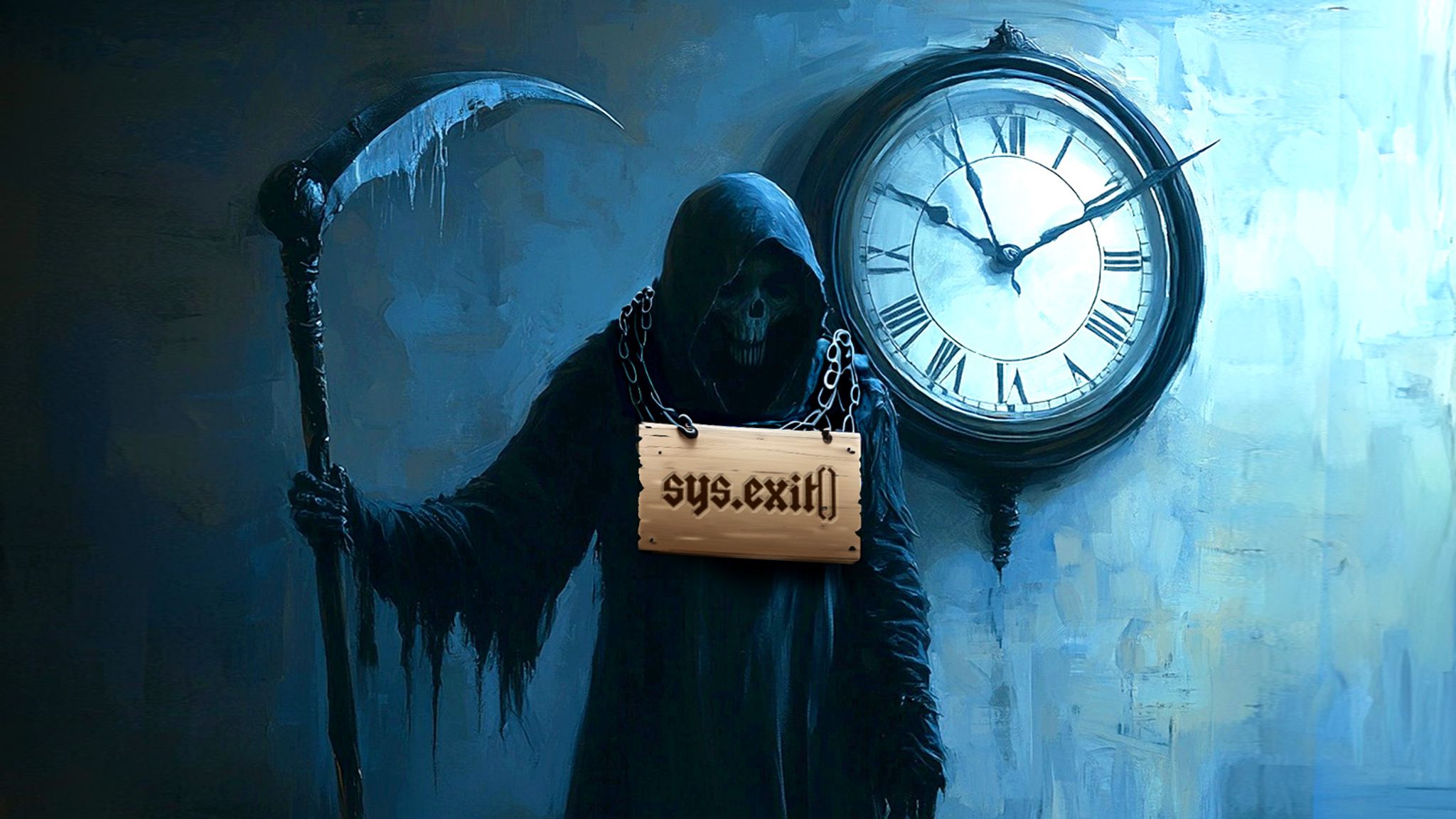 The Grim Reaper standing next to the Doomsday Clock, with a sign on his chest that reads "sys.exit ()" - a piece of Python code