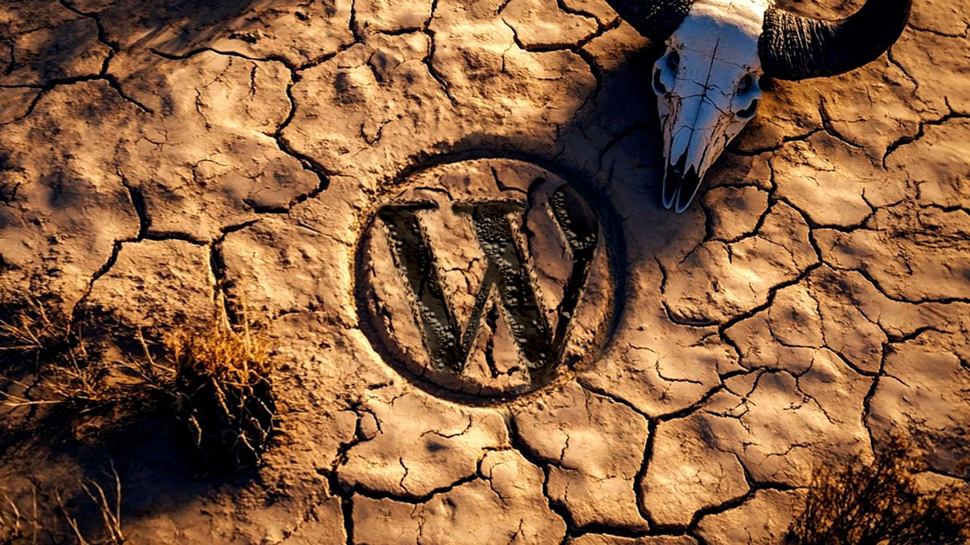 A desert floor that's dry and cracked, with the WordPress logo icon embossed into the surface. There's a skull of a buffalo in the upper corner.