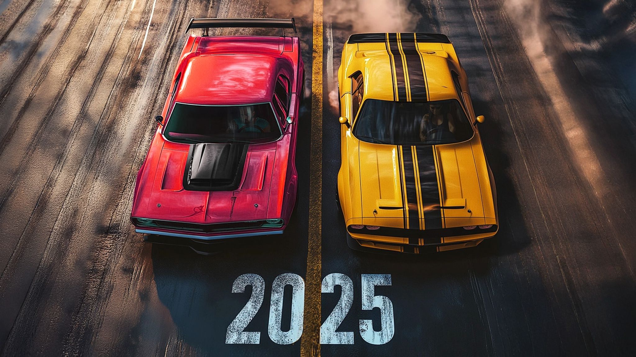 Two race cars on a road with the text "2025" on the pavement