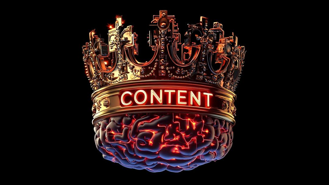 A king's crown on top of an AI brain, with the word "content" on it in neon lighting.