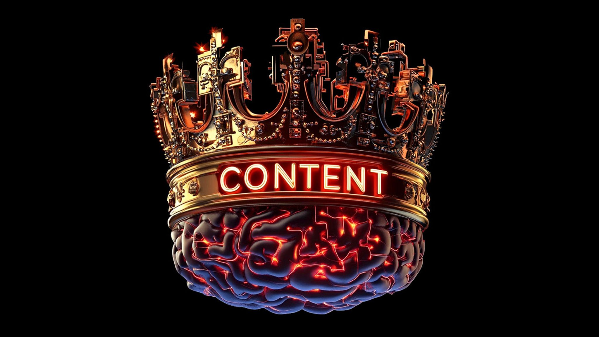 A king's crown on top of an AI brain, with the word "content" on it in neon lighting.