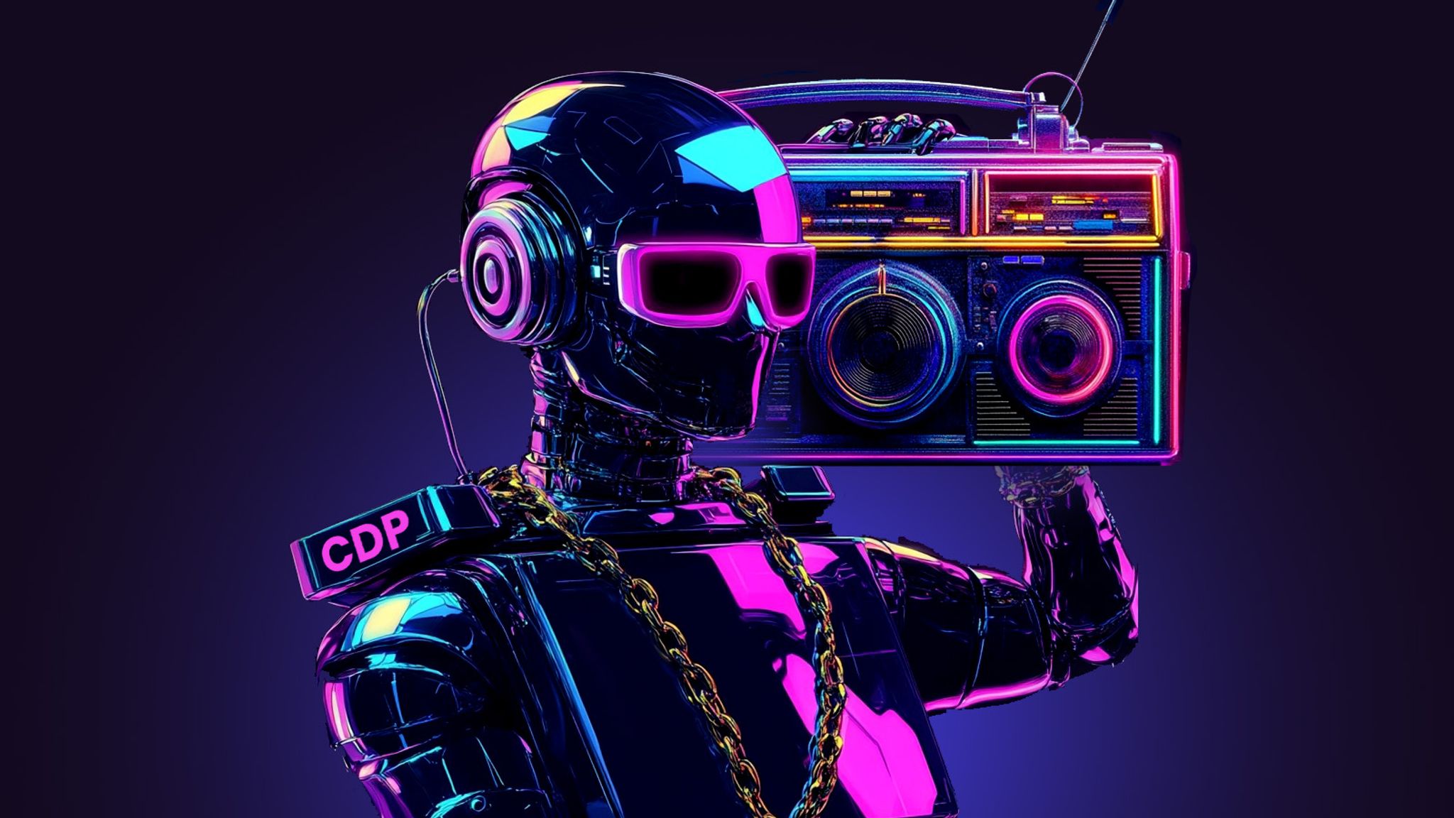 An android holding a boom box, wearing sunglasses and a chain around its neck