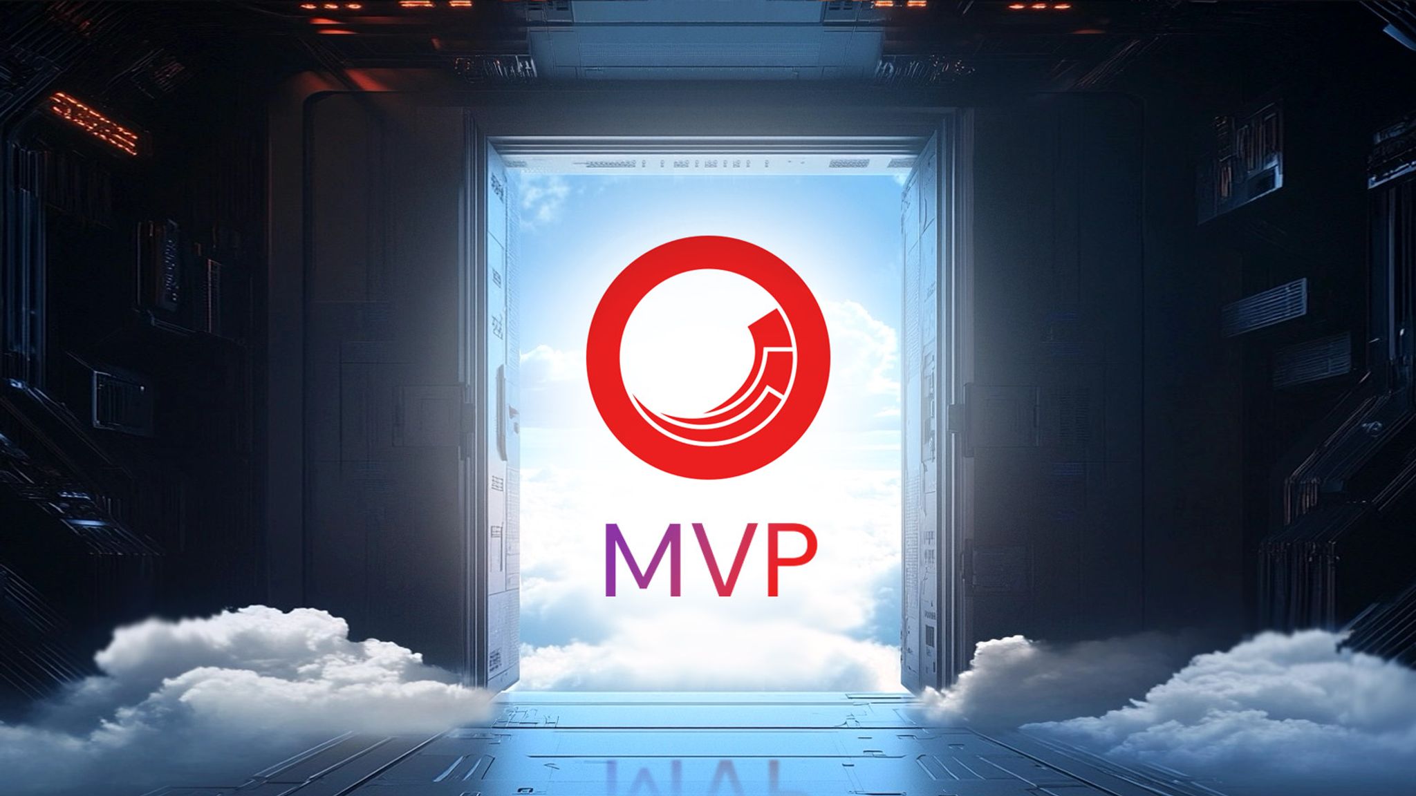 A dark room filled with technology elements, with a door that is opened to a blue sky filled with clouds. In the center of the door is the Sitecore logo icon with the text "MVP" below it.