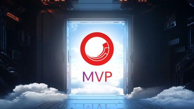 A dark room filled with technology elements, with a door that is opened to a blue sky filled with clouds. In the center of the door is the Sitecore logo icon with the text "MVP" below it.