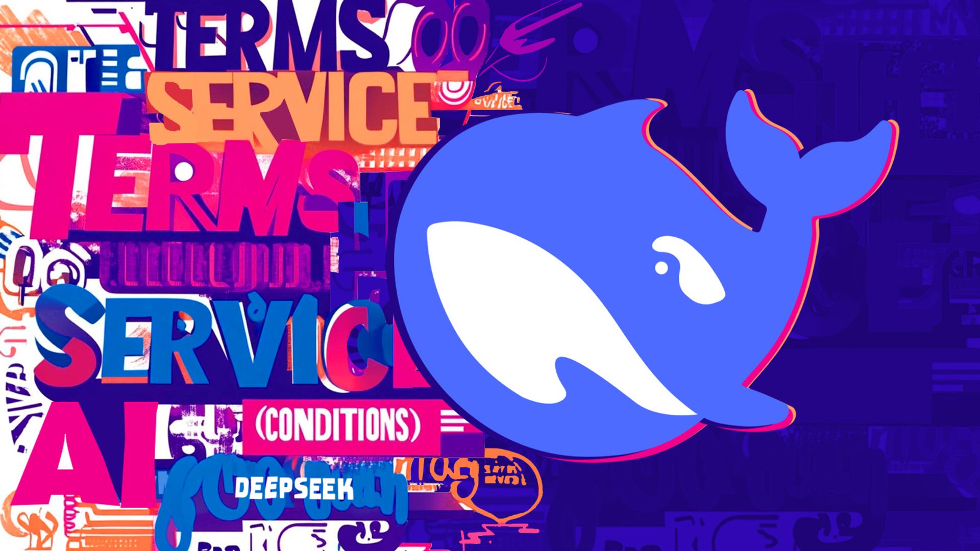 A digital illustration using typography of the words "TERMS," "SERVICE," and "CONDITIONS," with an image of the DeepSeek whale logo icon