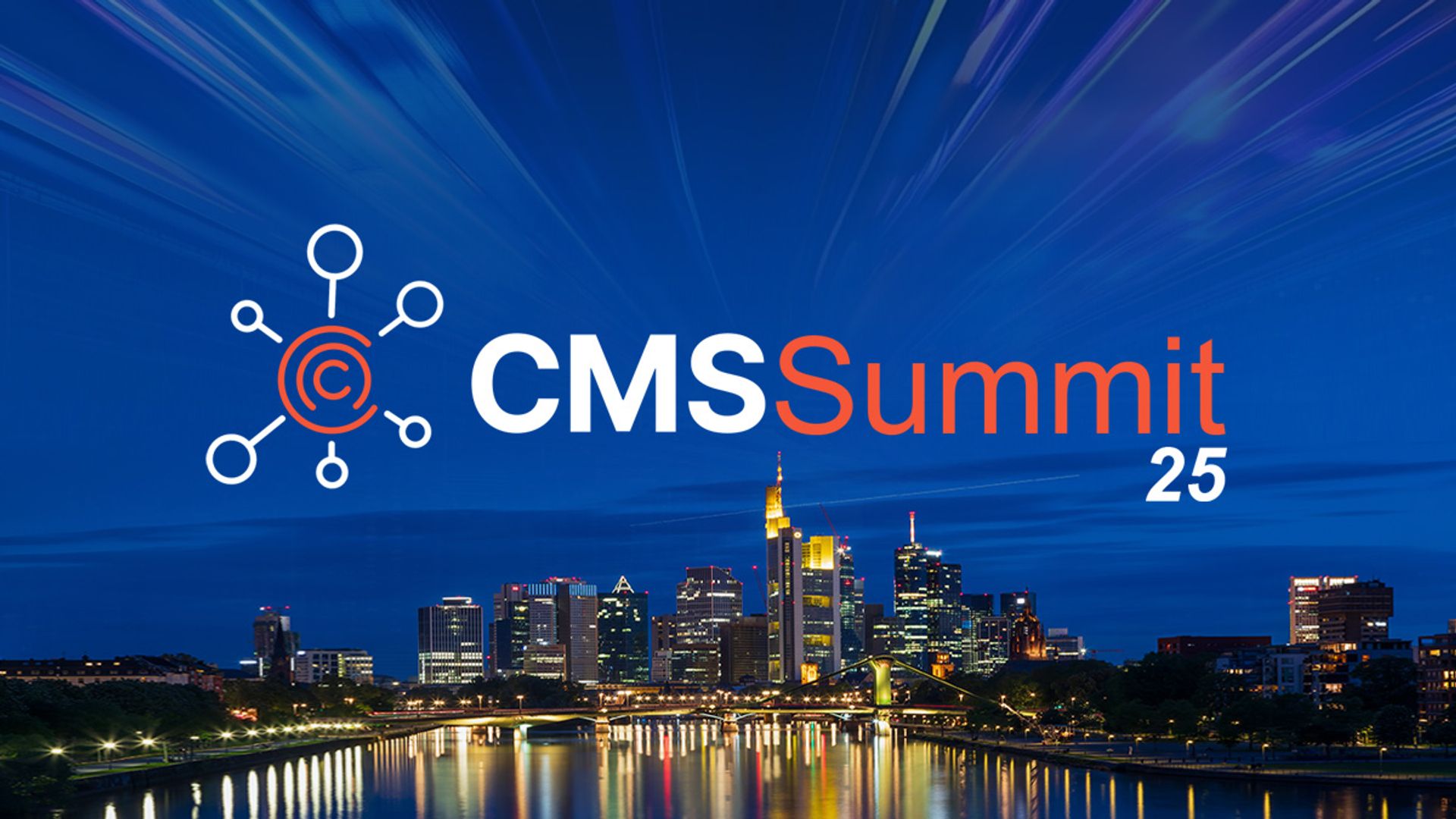 Frankfurt Germany skyline with the CMS Summit 25 logo