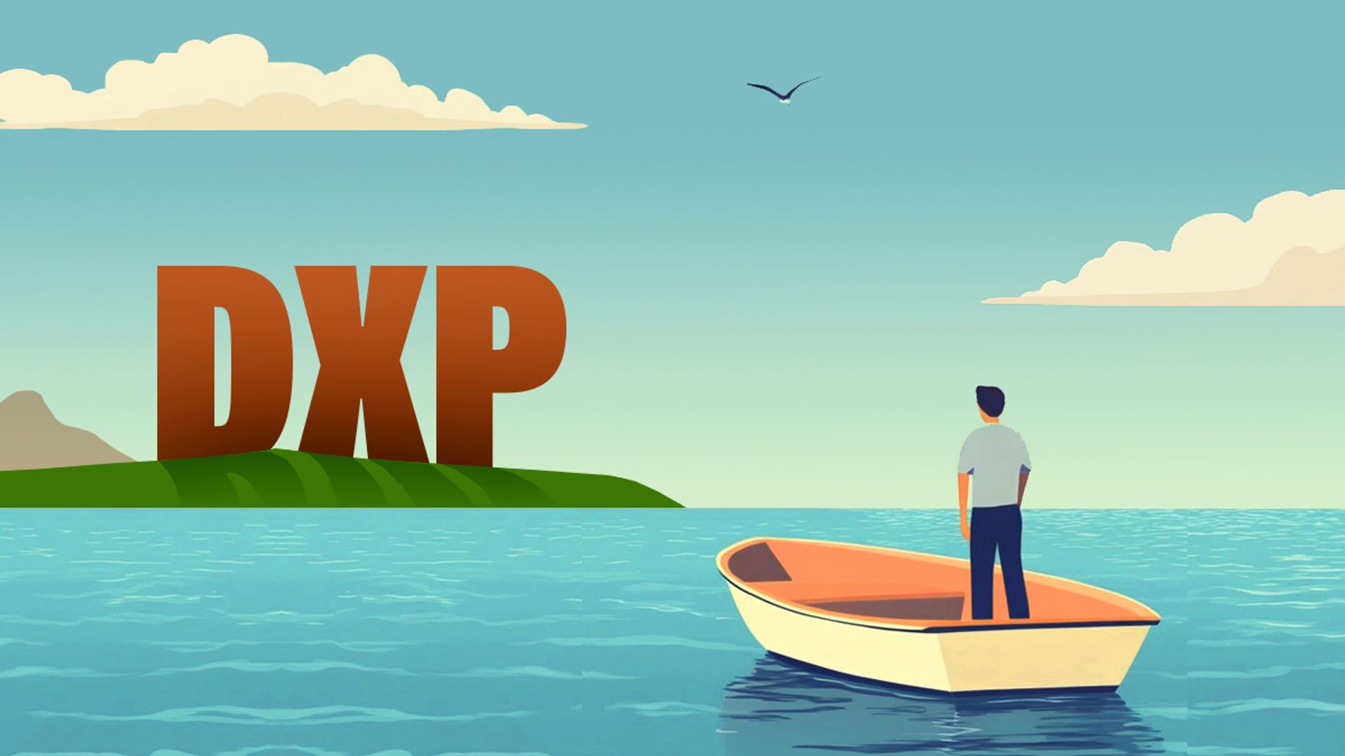 A cartoon of a dinghy boat with a man looking at land in the distance, with the giant letters "DXP" on an island.