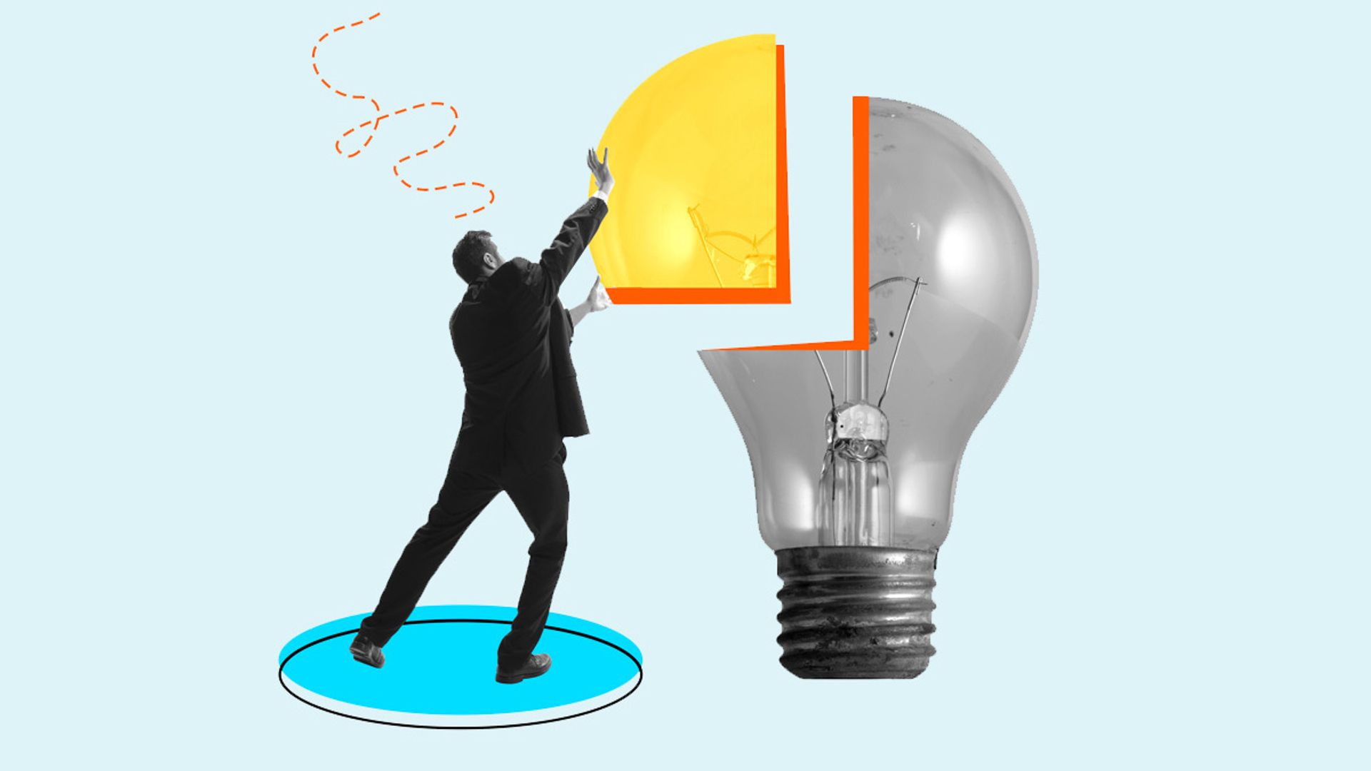 An illustration of a man putting a broken piece of a lightbulb back together