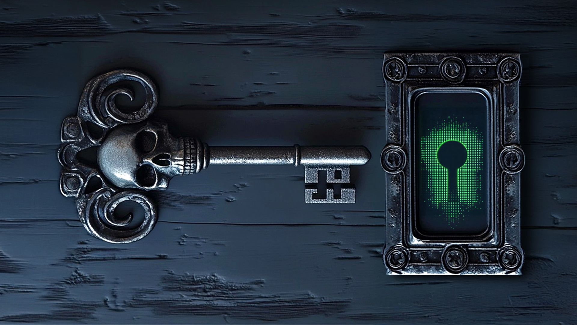 Skeleton key next to a digital keyhole