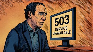 An illustration of a distraught man at a computer, with the text "503: Service Unavailable" on the screen