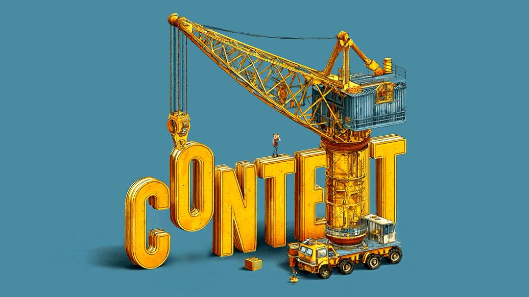 A digital illustration of a crane lifting the word "CONTENT" with construction people working on it.