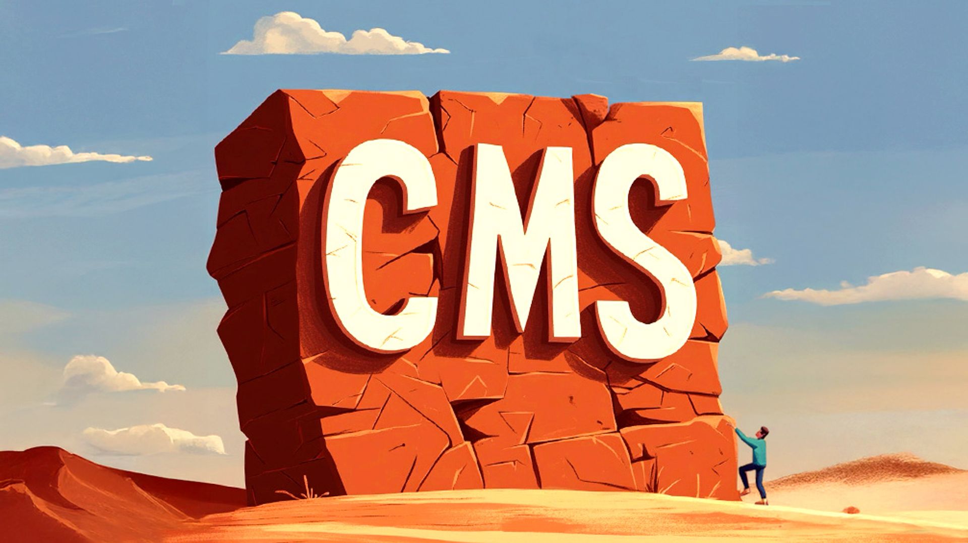 A graphic illustration of a wall with the letters "CMS" on it, and a small man trying to climb it on the right side. 