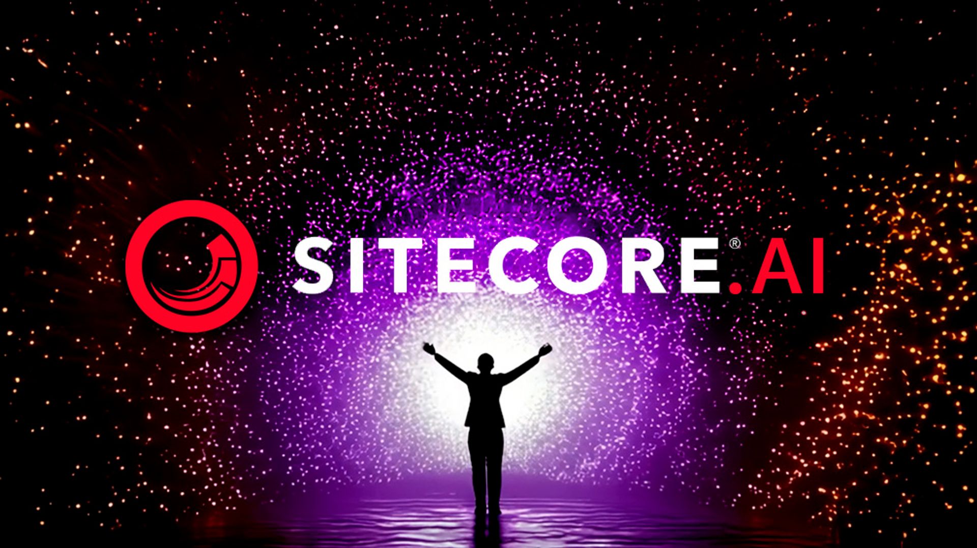 A person in front of a sky filled with stars in a circular motion, with the logo of Sitecore.ai floating above them
