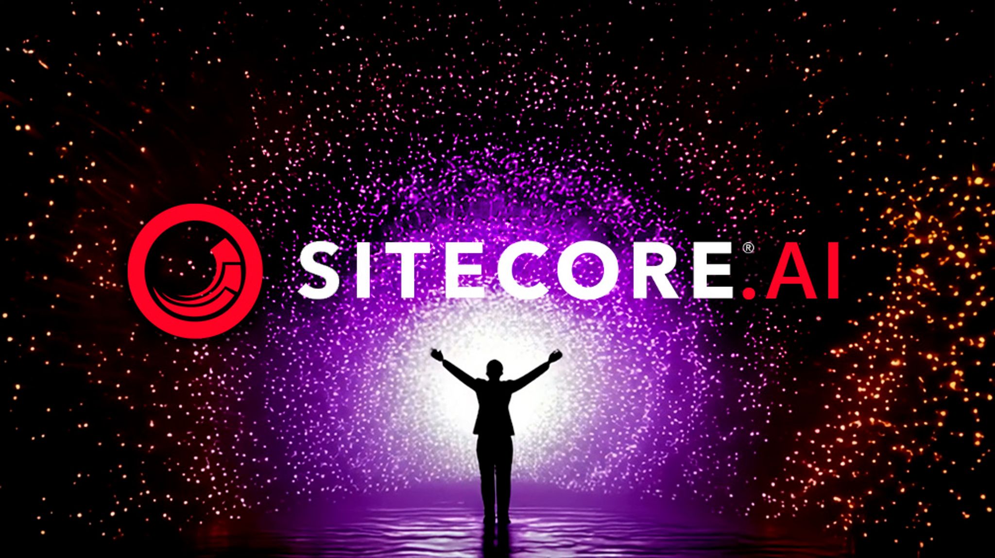 A person in front of a sky filled with stars in a circular motion, with the logo of Sitecore.ai floating above them