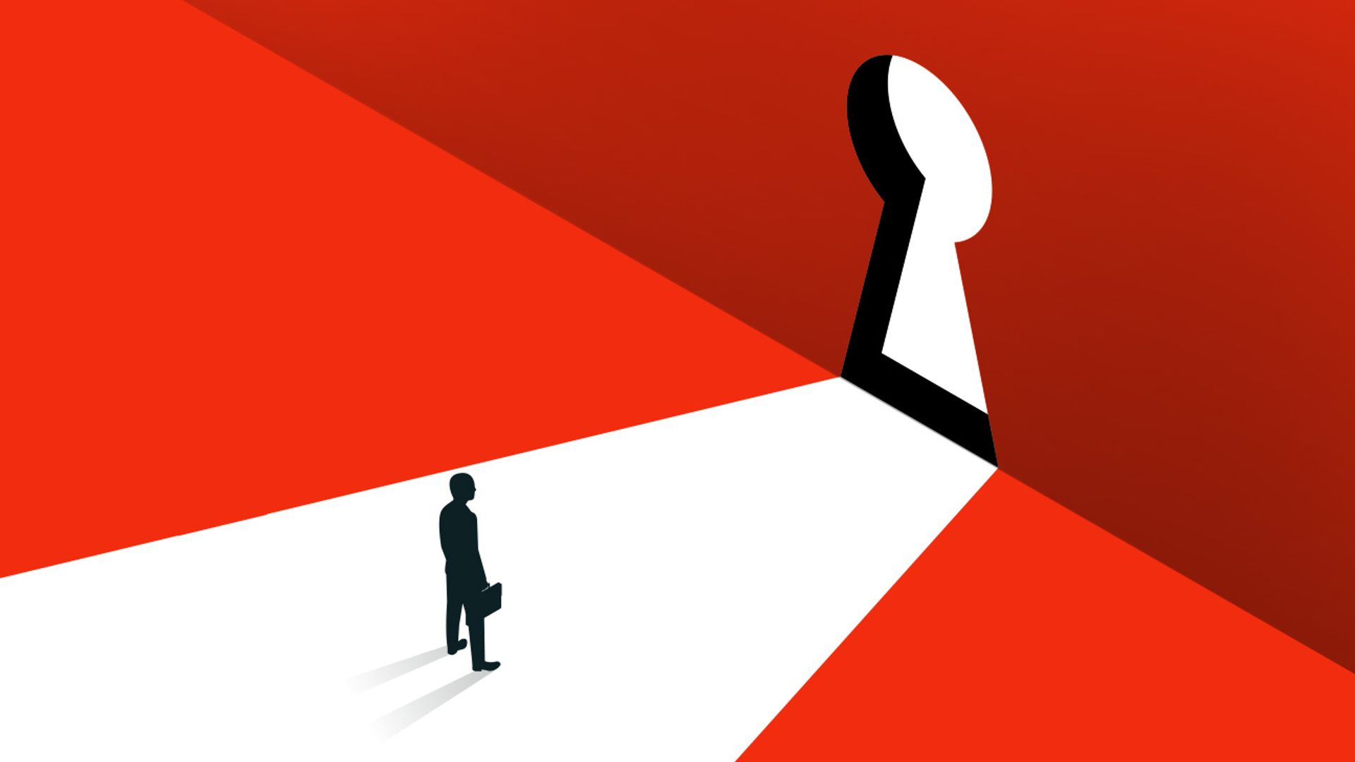 Vector illustration of a man standing in front of a wall with an opening shaped like a keyhole.
