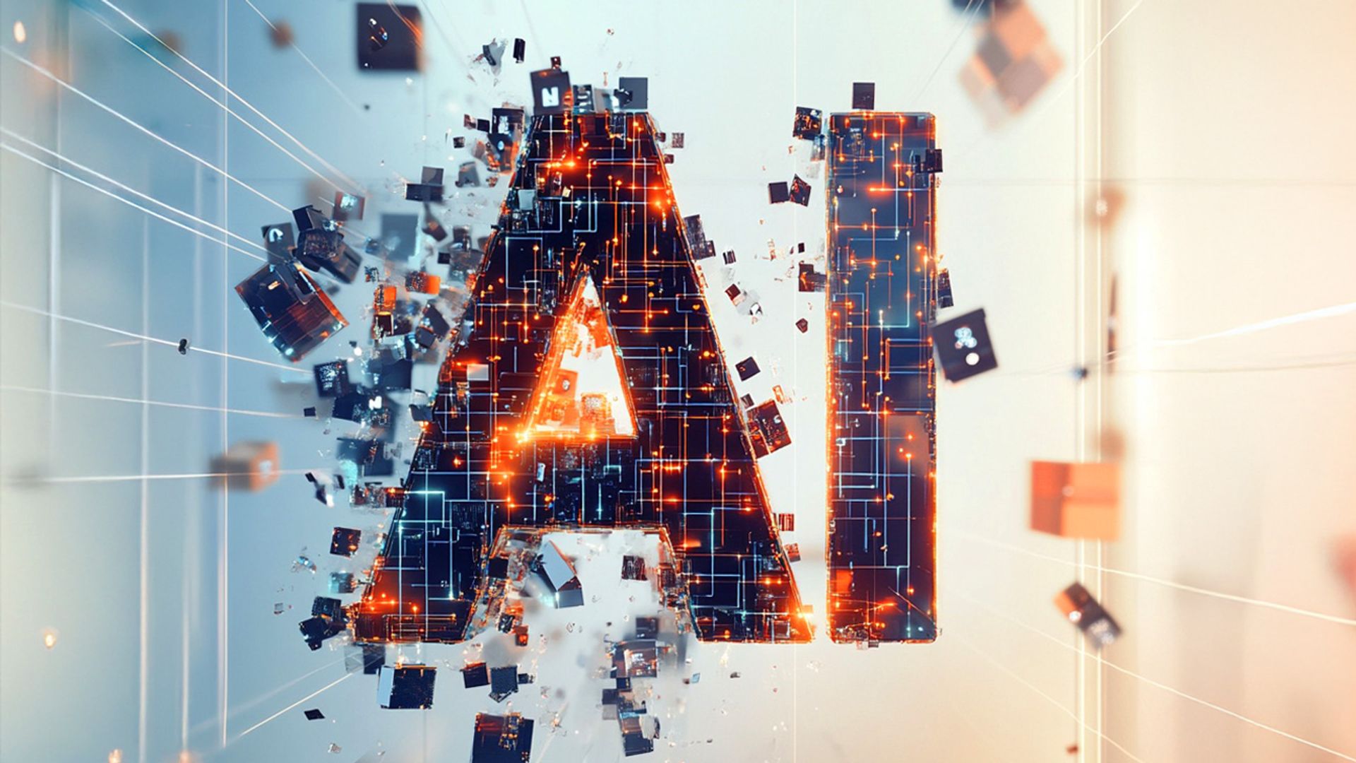 A digital illustration of the letters "AI" composed of neon lines, with component elemnents all flying in to build out the letters.
