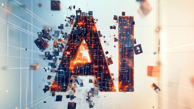 A digital illustration of the letters "AI" composed of neon lines, with component elemnents all flying in to build out the letters.