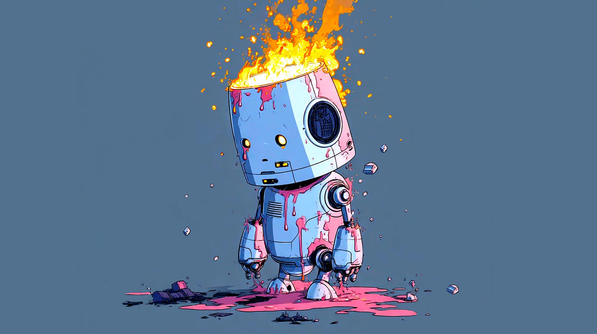 Illustration of an AI robot melting down and on fire