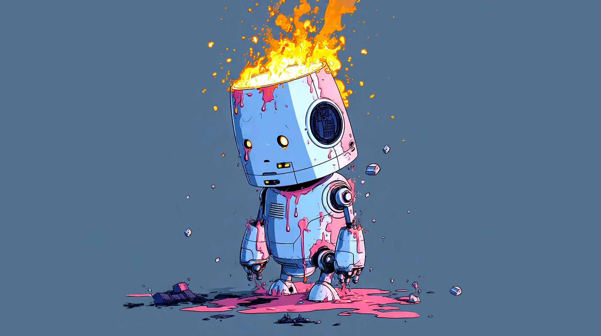Illustration of an AI robot melting down and on fire