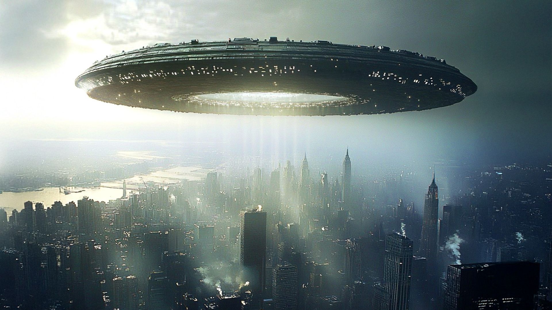 A giant flying saucer floating over a city
