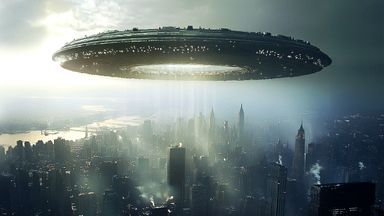 A giant flying saucer floating over a city