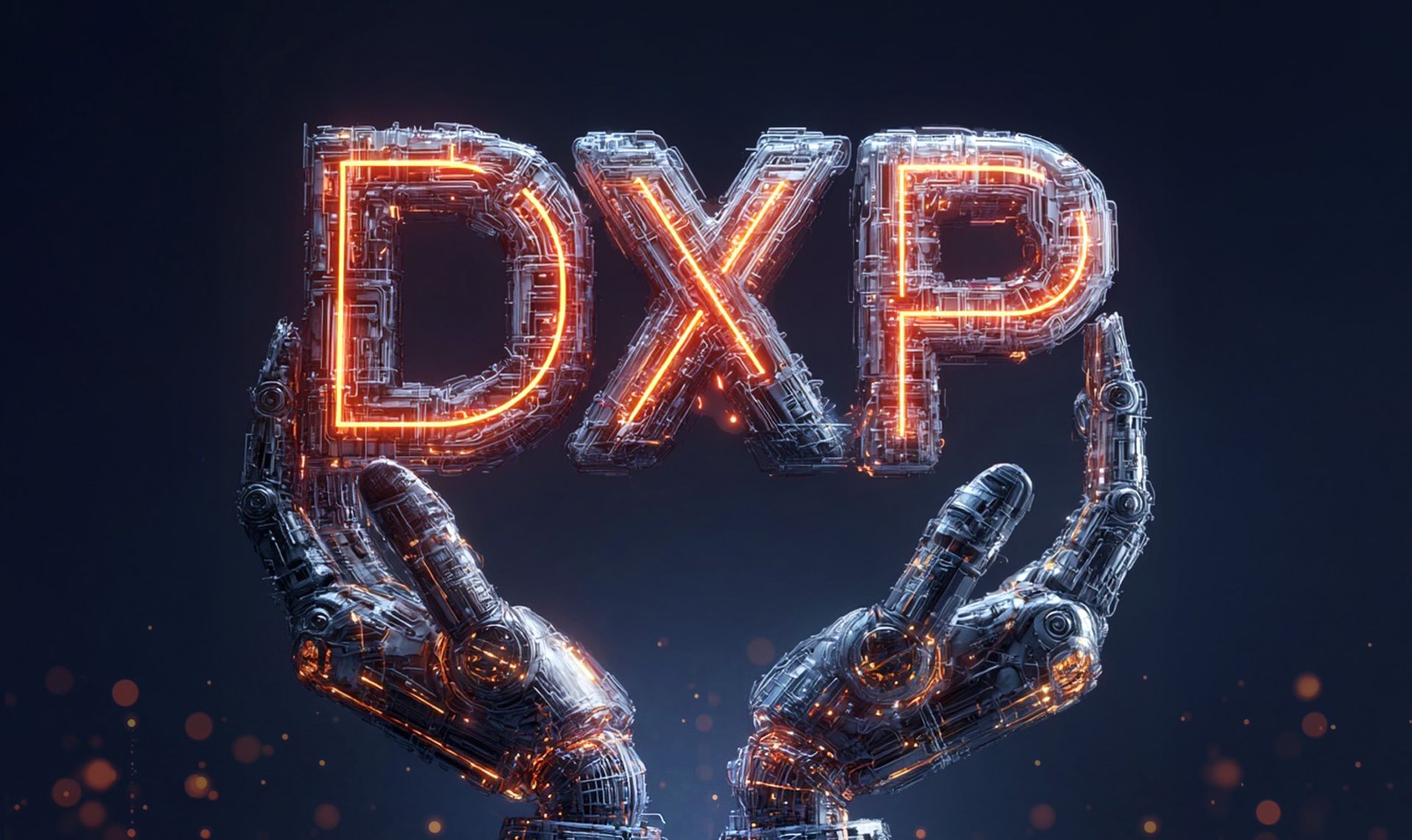 Two robotic hands holding up the letters "DXP" which are composed of digital circuitry