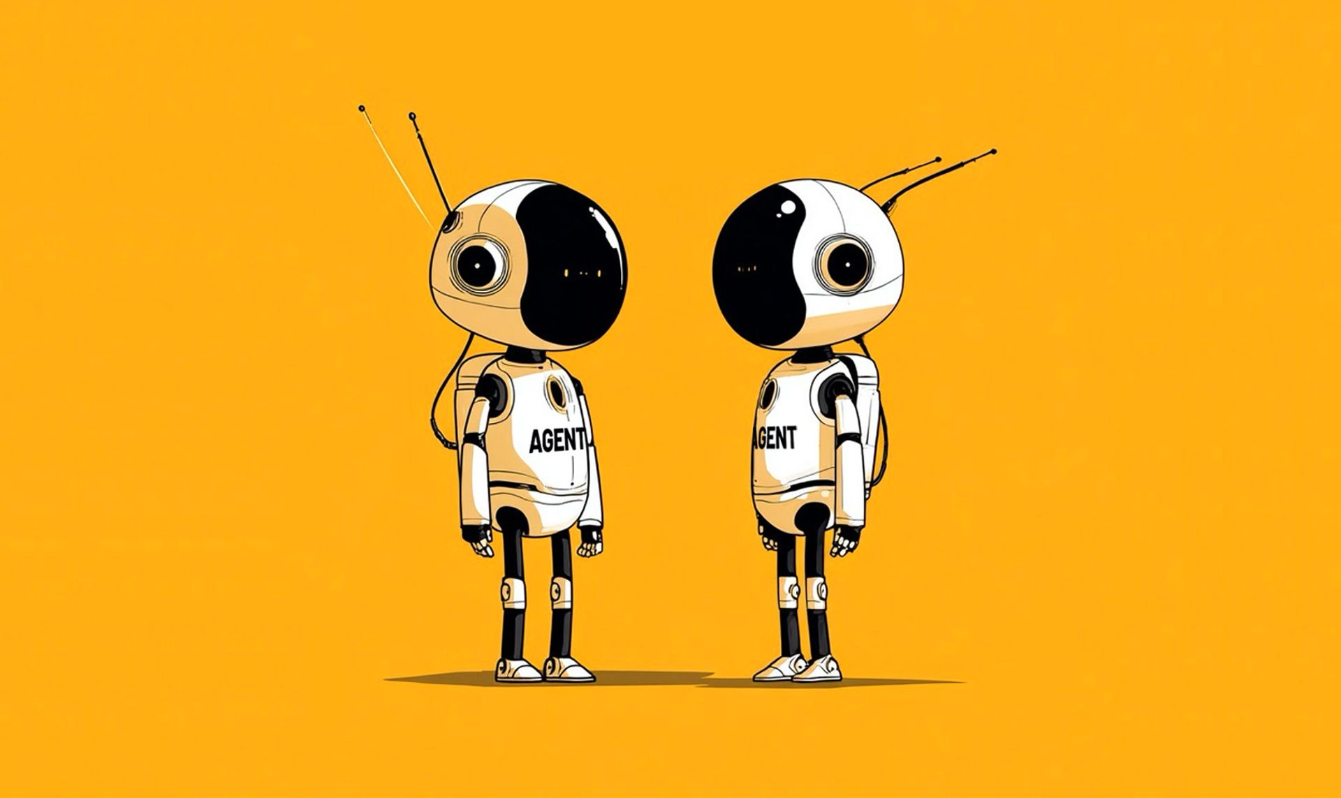 A cartoon illustration of two robots as AI agents, meeting and looking at each other.