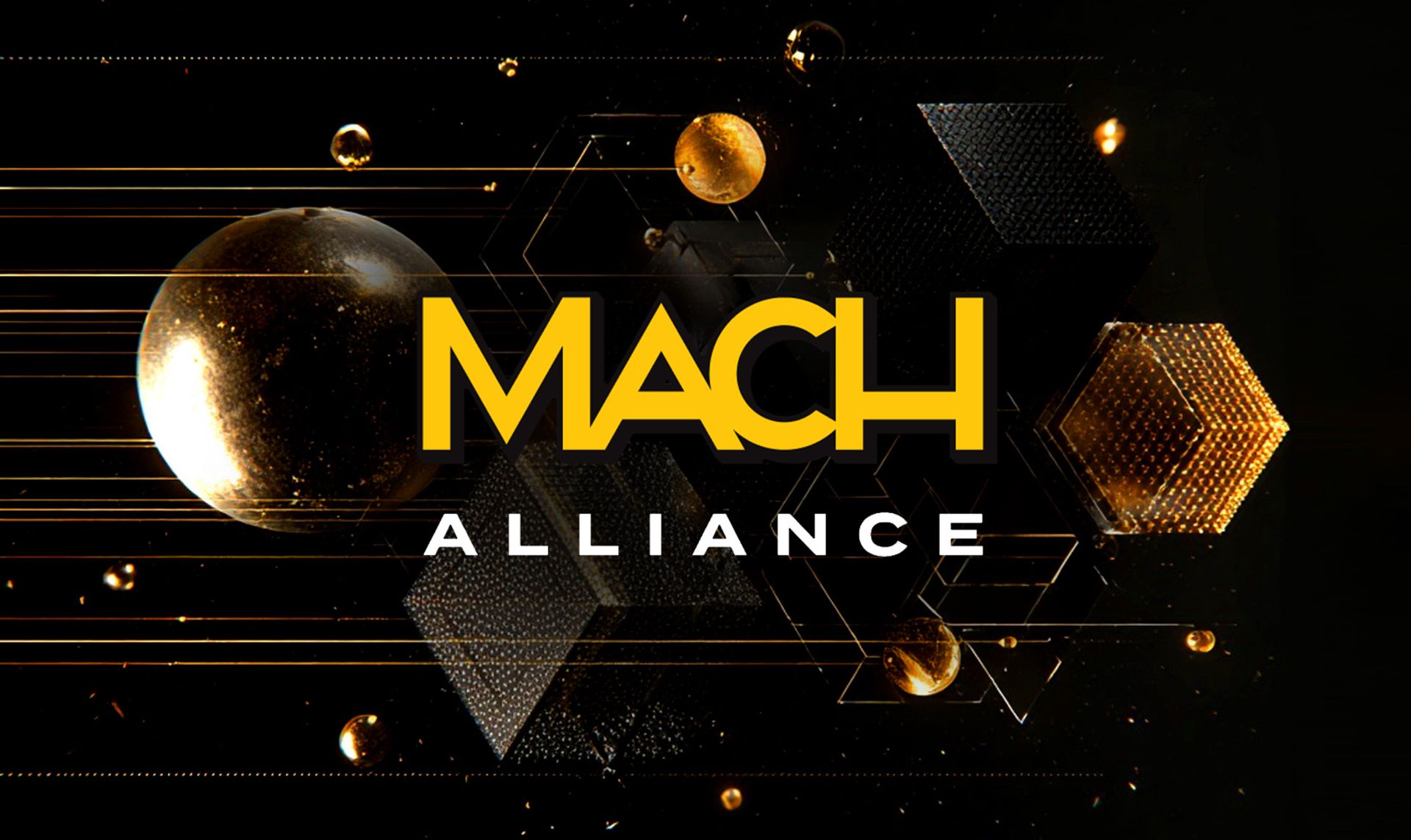 MACH Alliance logo against a background with stylized geometric shapes