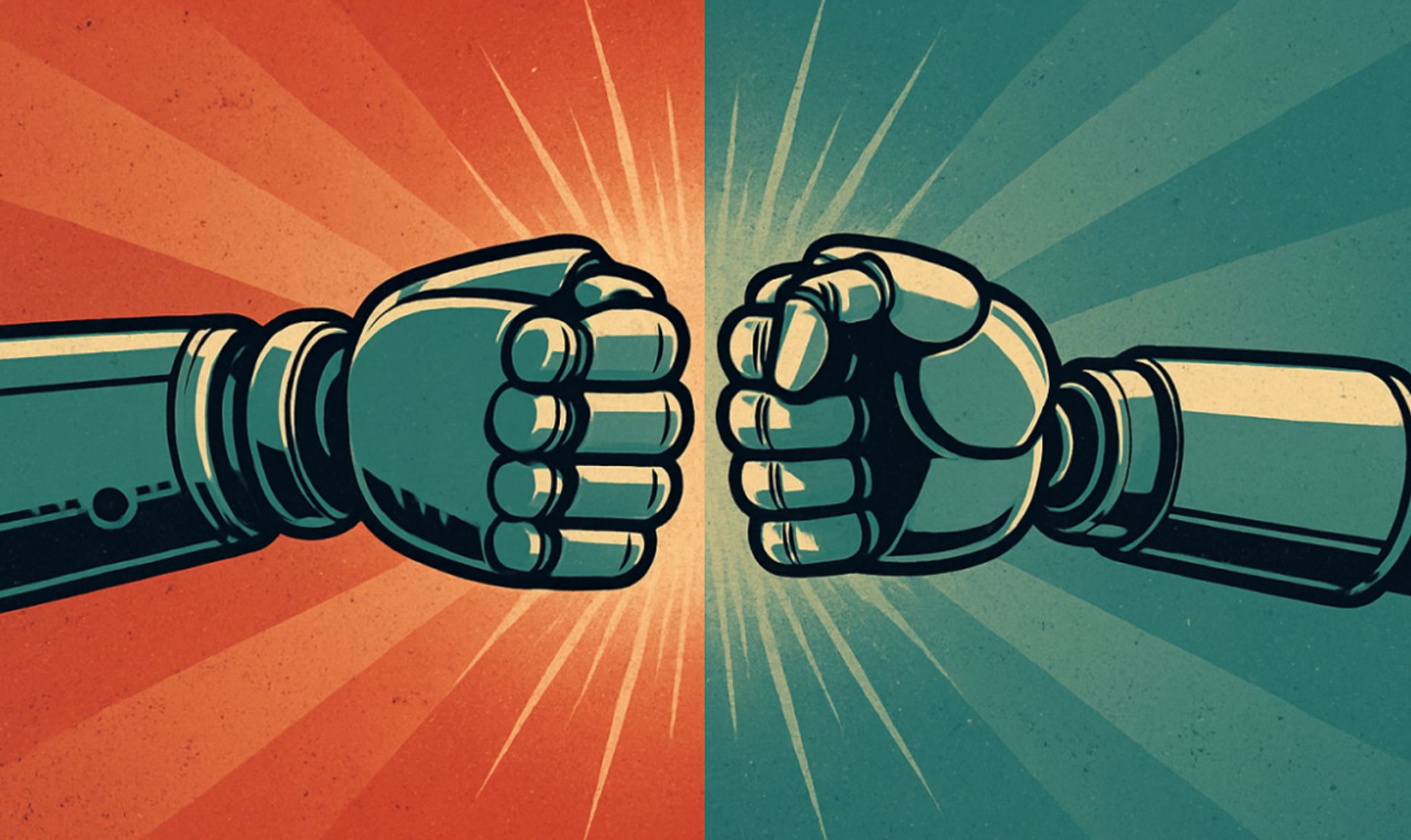 Two robotic fists punching each other