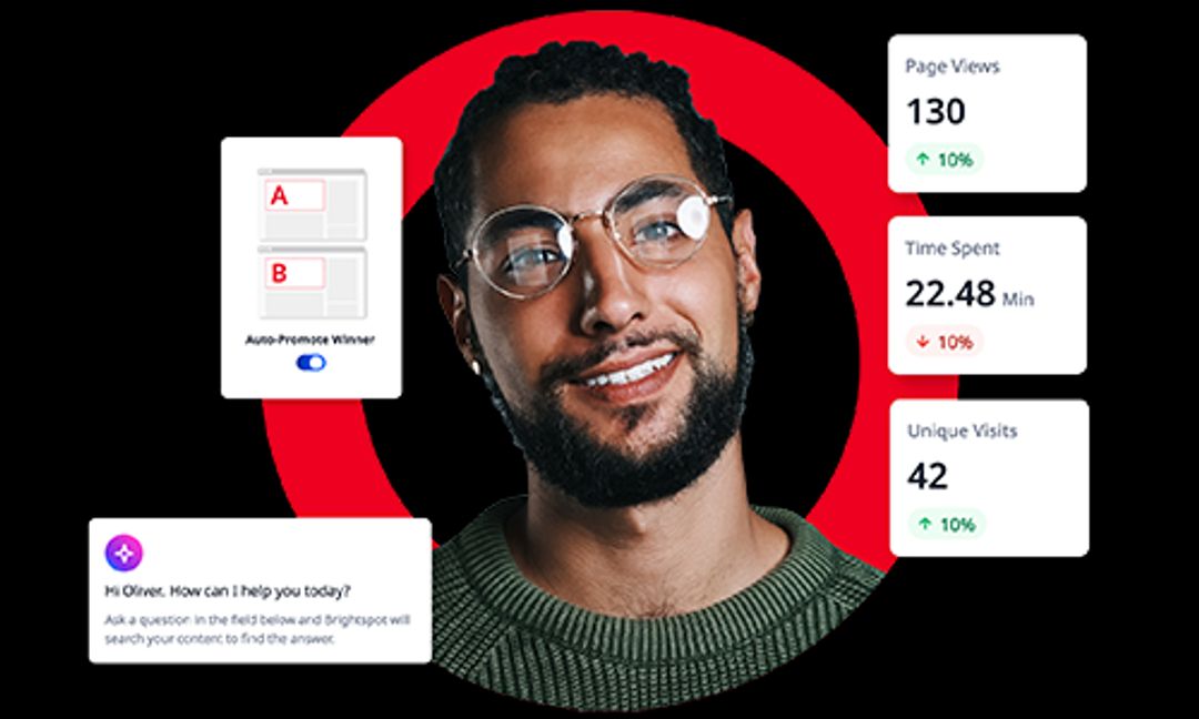 Brightspot featureed image of a man's face, smiling, surrounded by screenshots of the Brightspot CMS