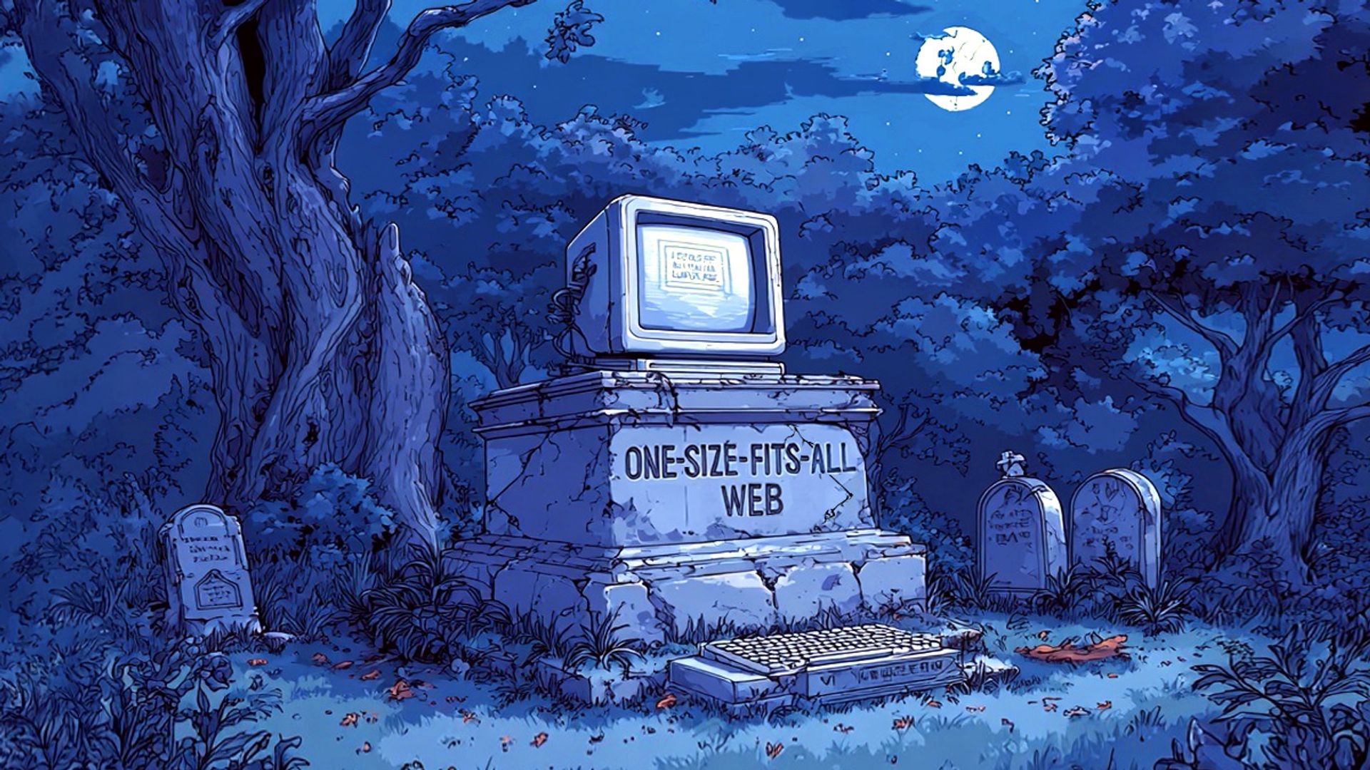 A graveyard setting with a headstone shaped like a computer. On the stone, it reads "ONE-SIZE-FITS-ALL WEB".