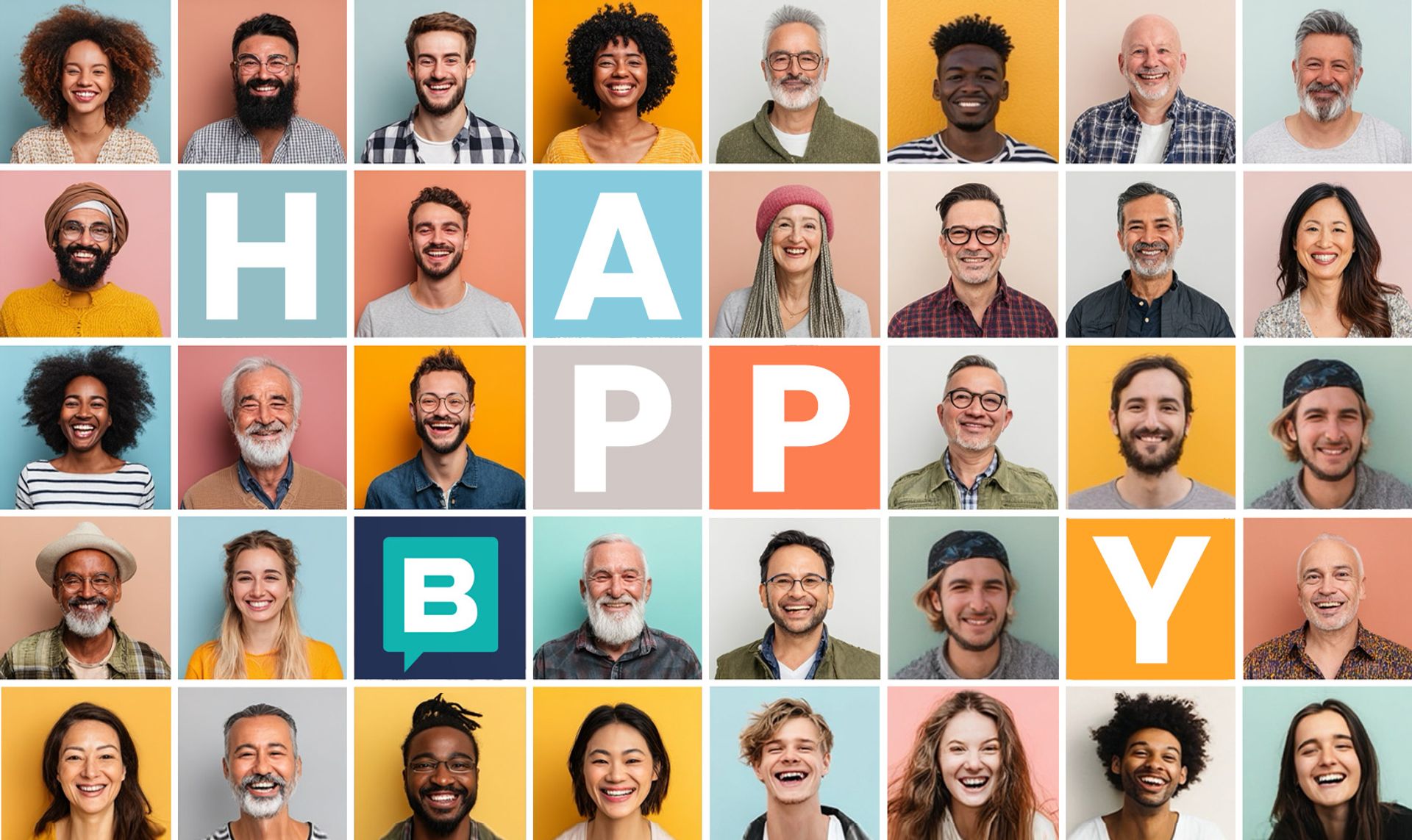 A grid of people with the word HAPPY and the Storyblok logo icon