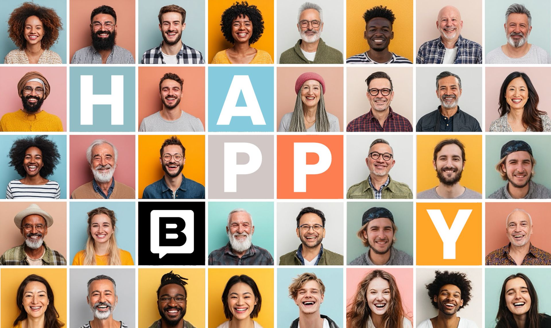 A grid of people with the word HAPPY and the Storyblok logo icon
